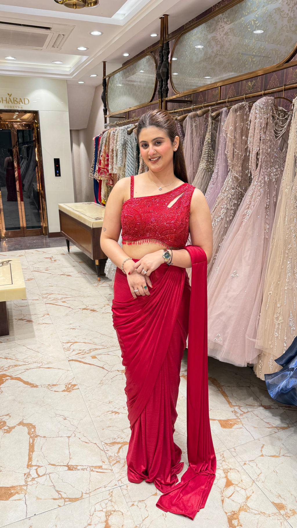AMRELI RED DRAPE SAREE