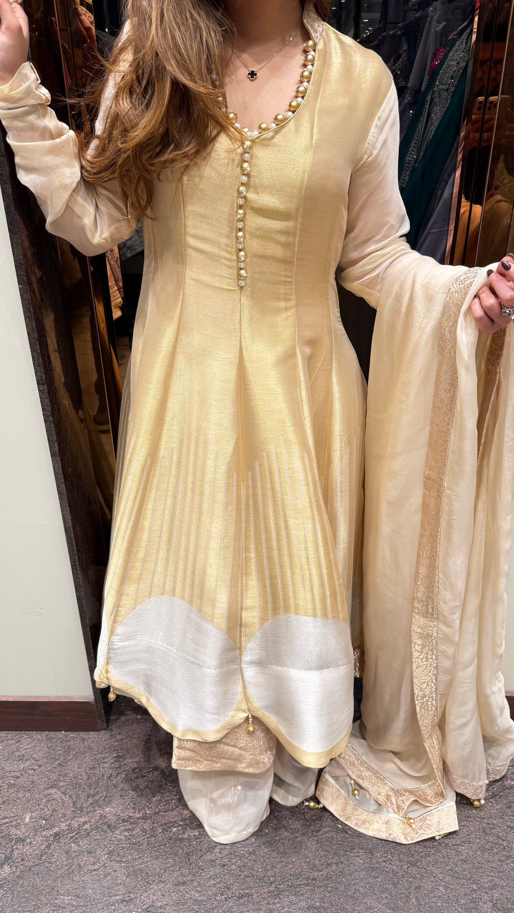 Gold ivory pearl brocade anarkali