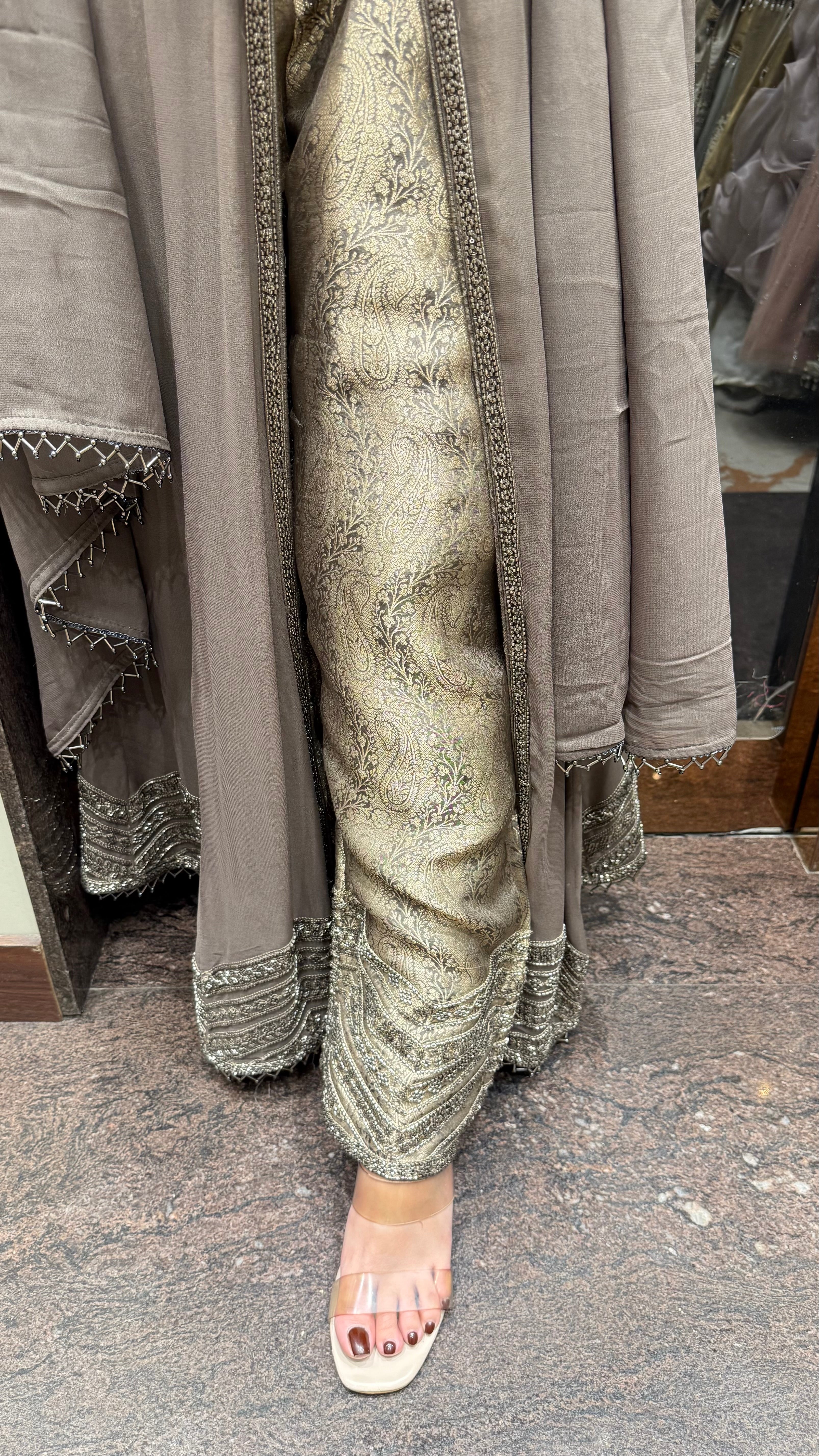 Front cut anarkali with brocade pants