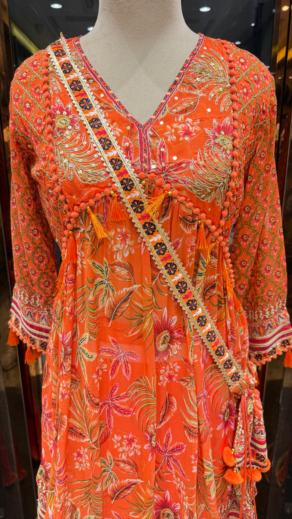 PRINTED PEPLUM KURTA WITH GHARARA & POTLI BAG