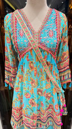 PRINTED PEPLUM KURTA WITH GHARARA & POTLI BAG
