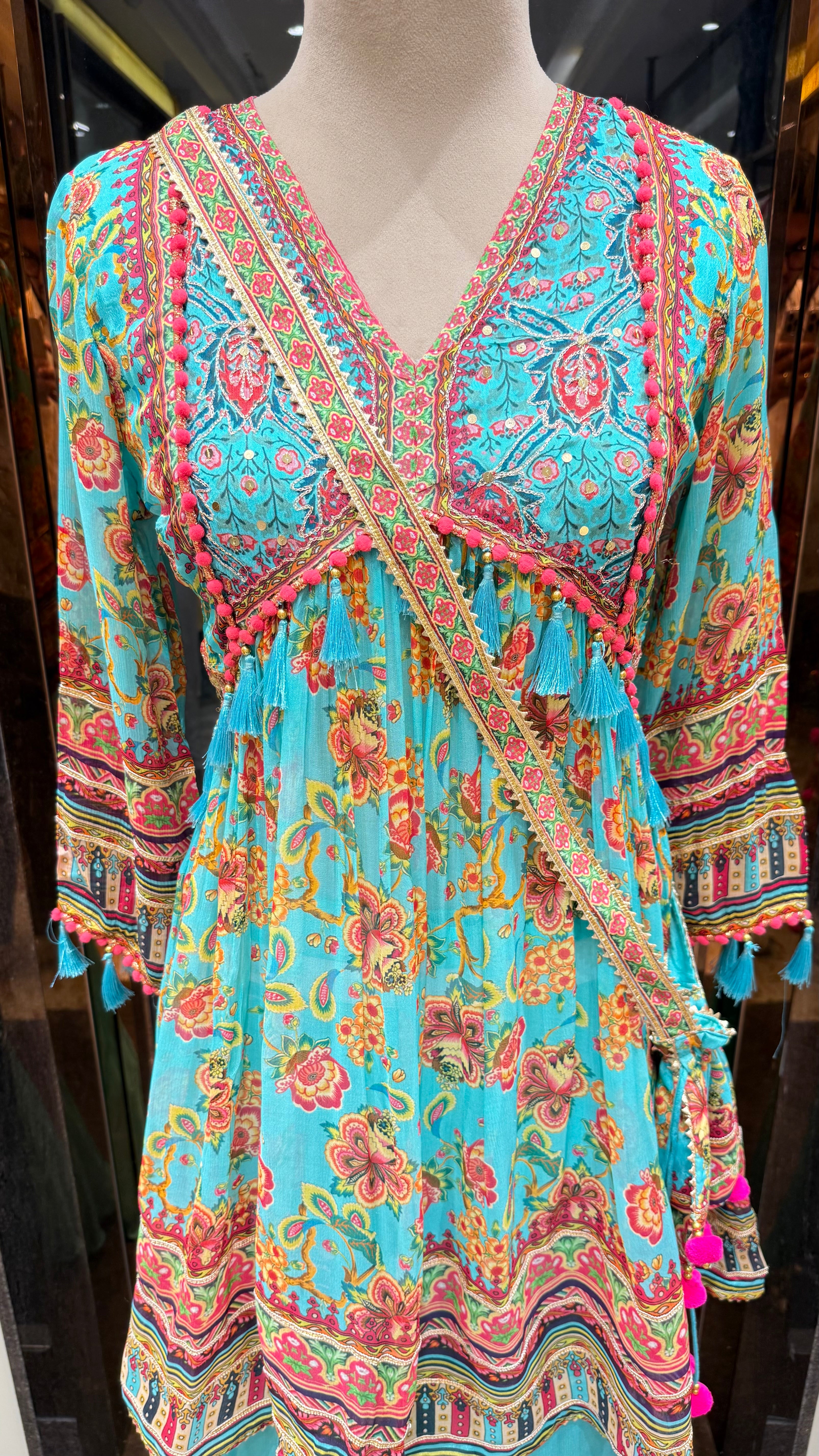 PRINTED PEPLUM KURTA WITH GHARARA & POTLI BAG