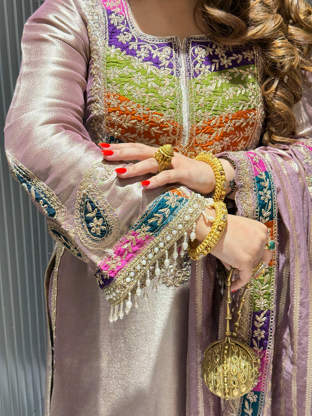 Designer Neckline Shimmer Tissue Unstitched Suit