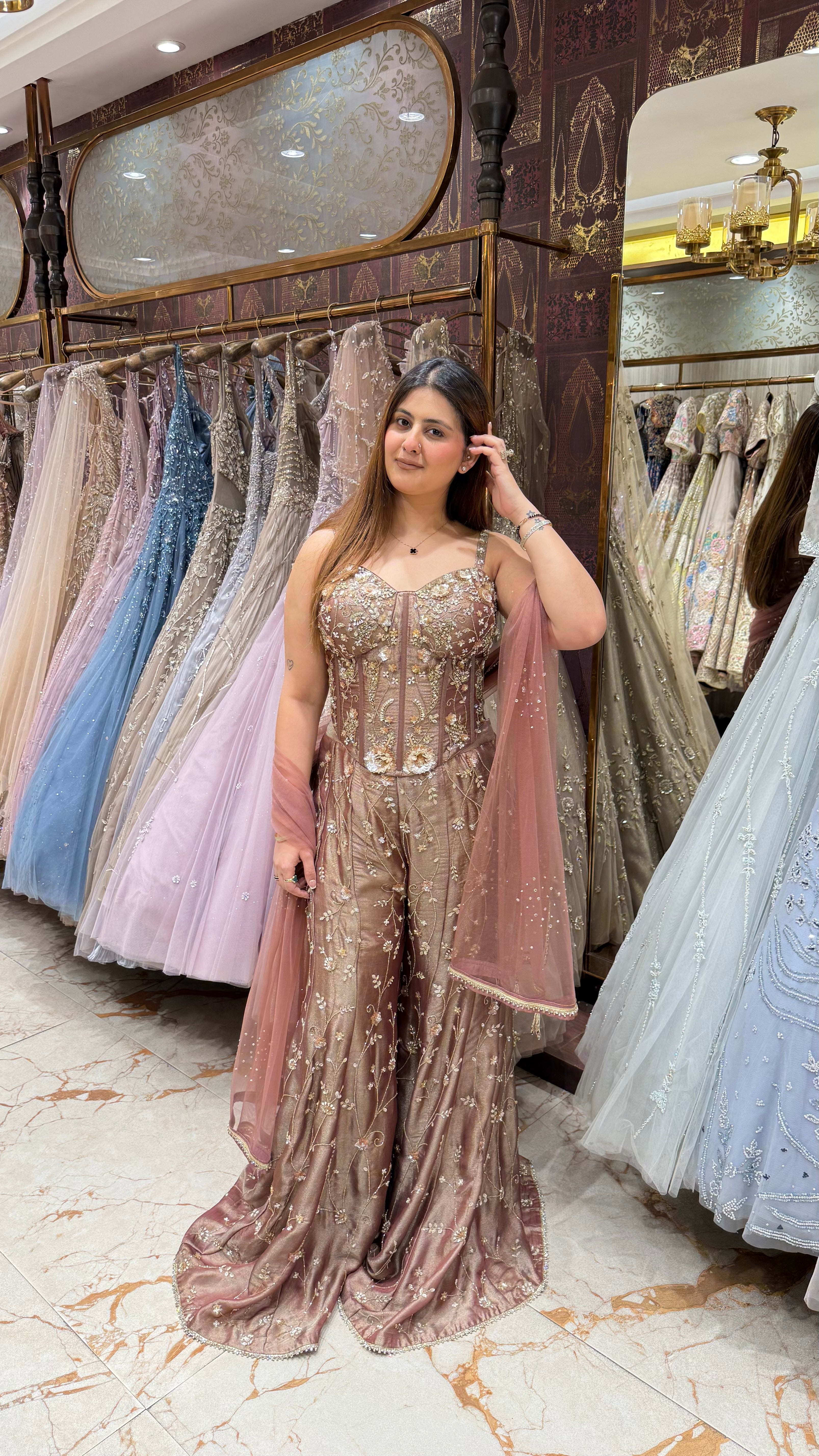 Mehrwan Dusty Rose Corset Sharara Set