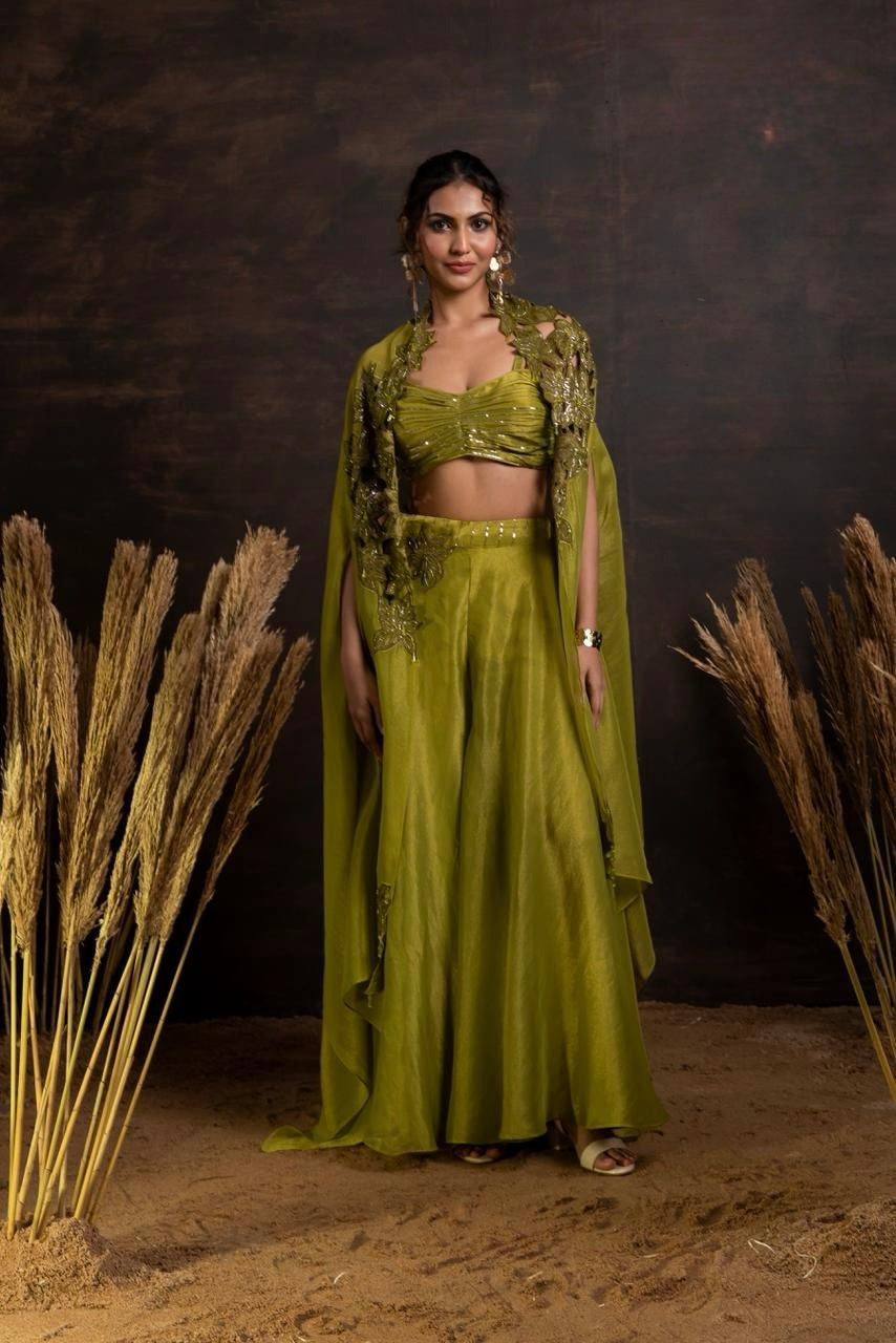 Green 3pc embroidered cape set with sharara