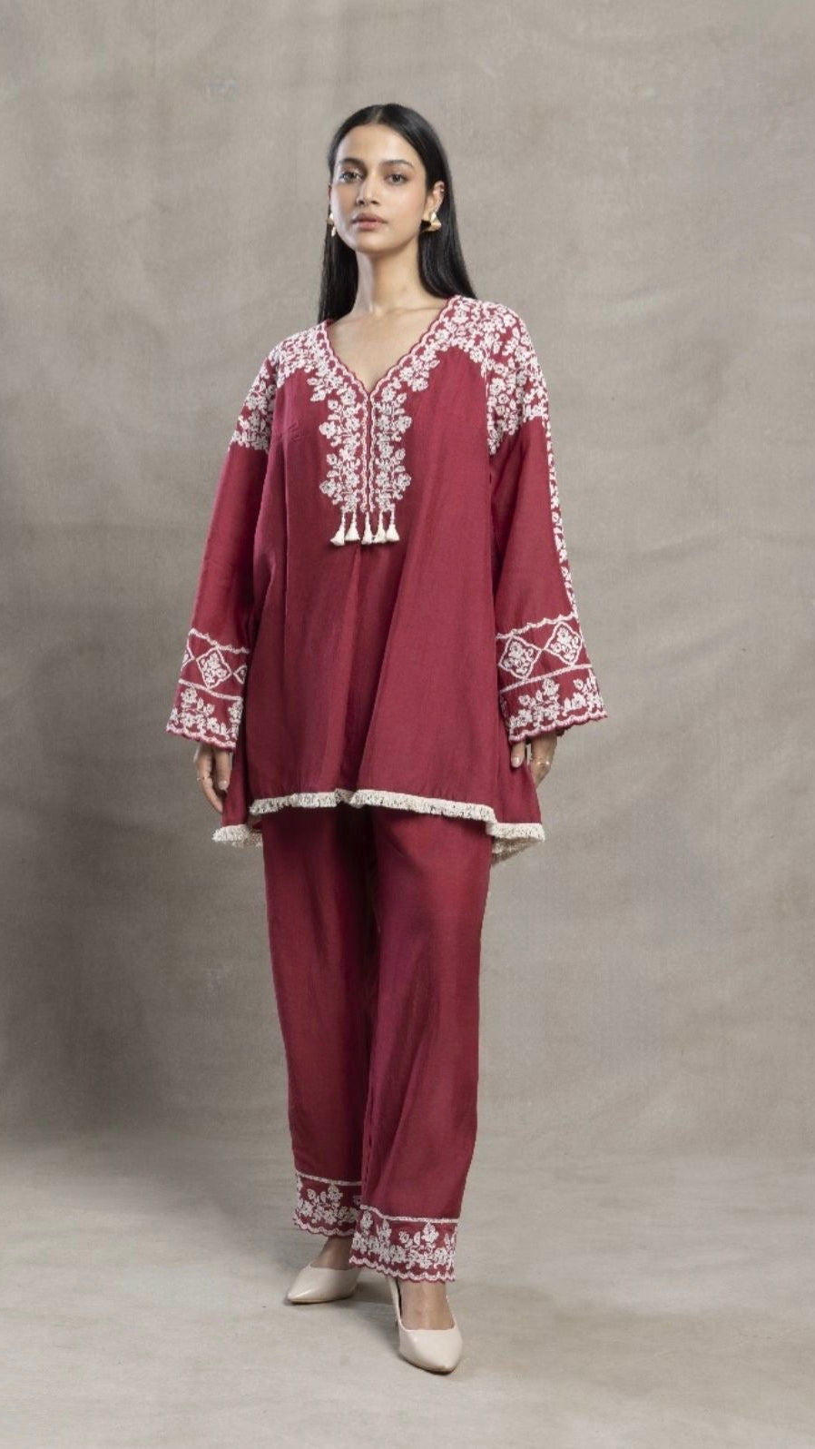 Mul cotton sleeve and neckline embroidered coordset