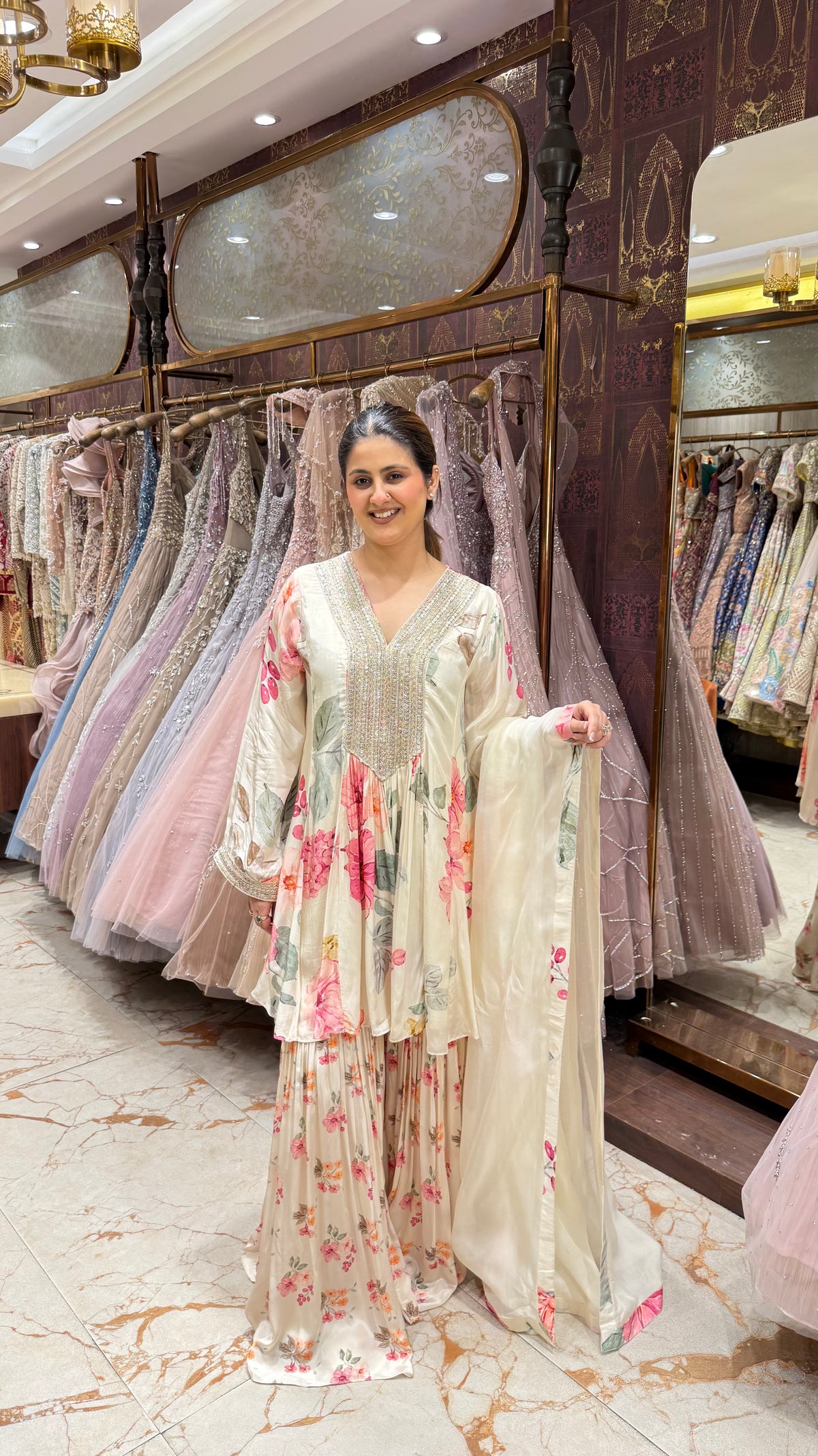 NOYA FLORAL PRINT PEPLUM SHIRT & GHARARA SUIT
