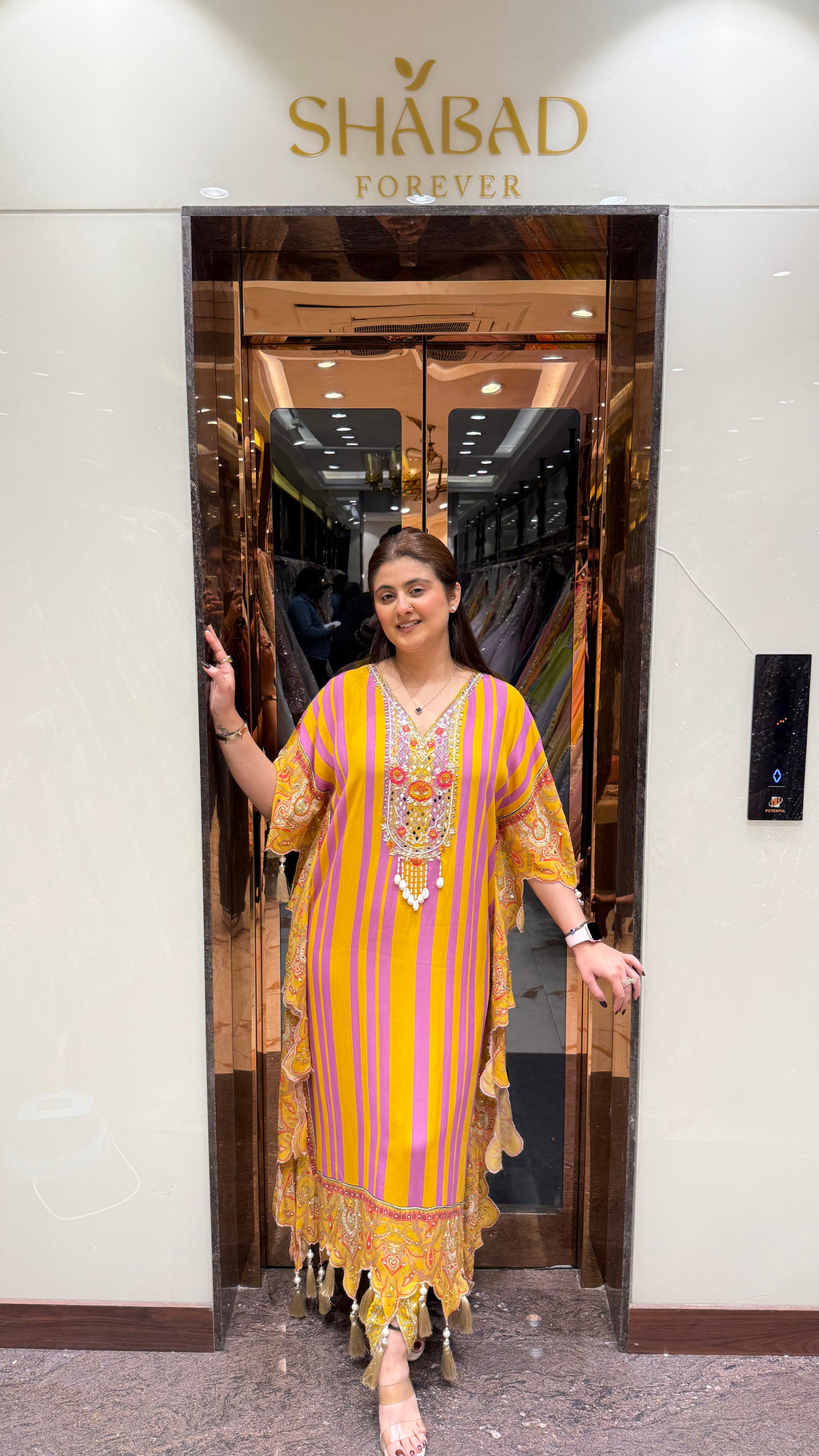 Yellow & Purple mirror work kaftan set with tulip pants