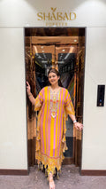 Yellow & Purple mirror work kaftan set with tulip pants