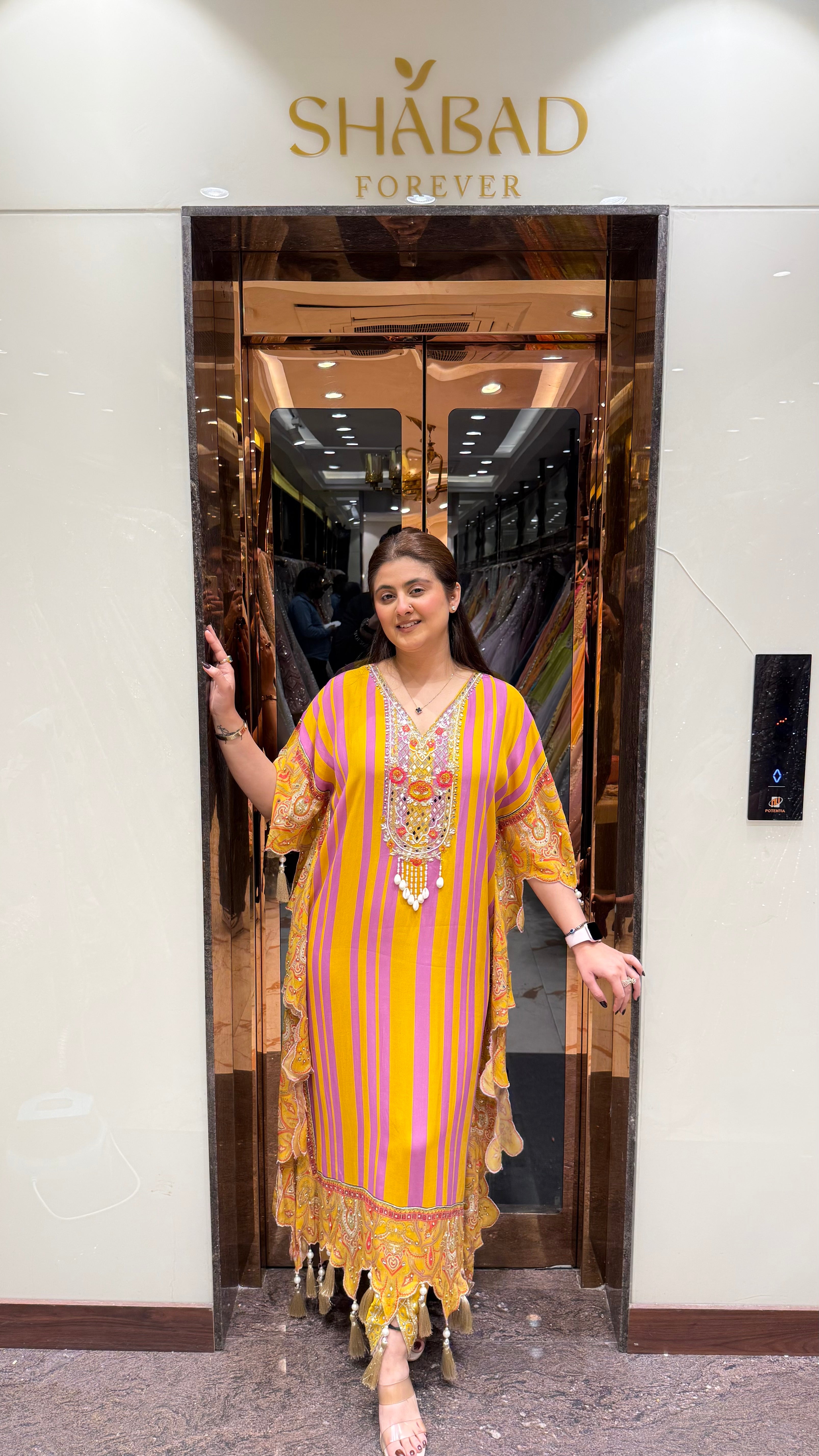 Yellow & Purple mirror work kaftan set with tulip pants