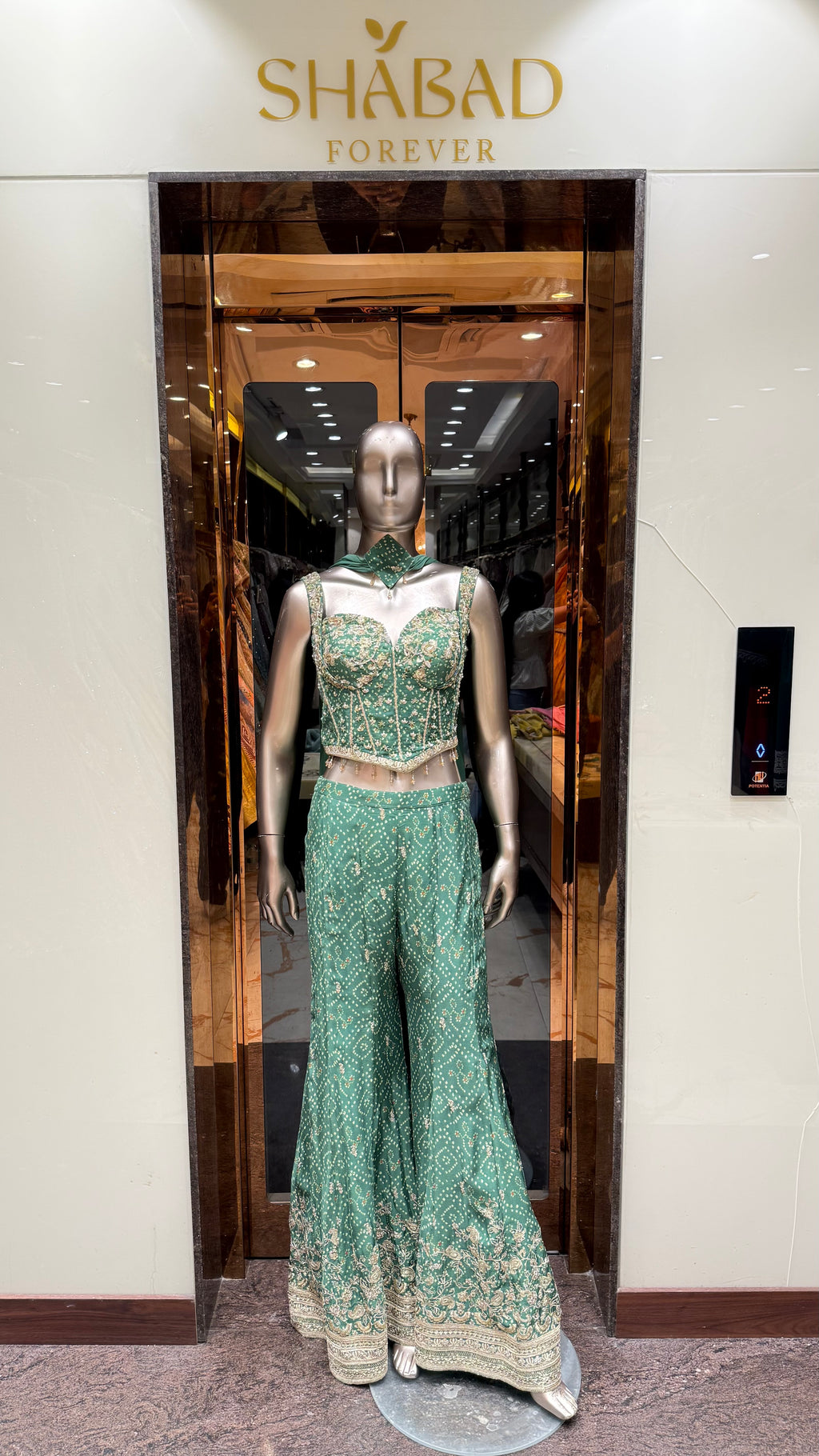 ZARI BANDHEJ CORSET WITH BELL BOTTOM