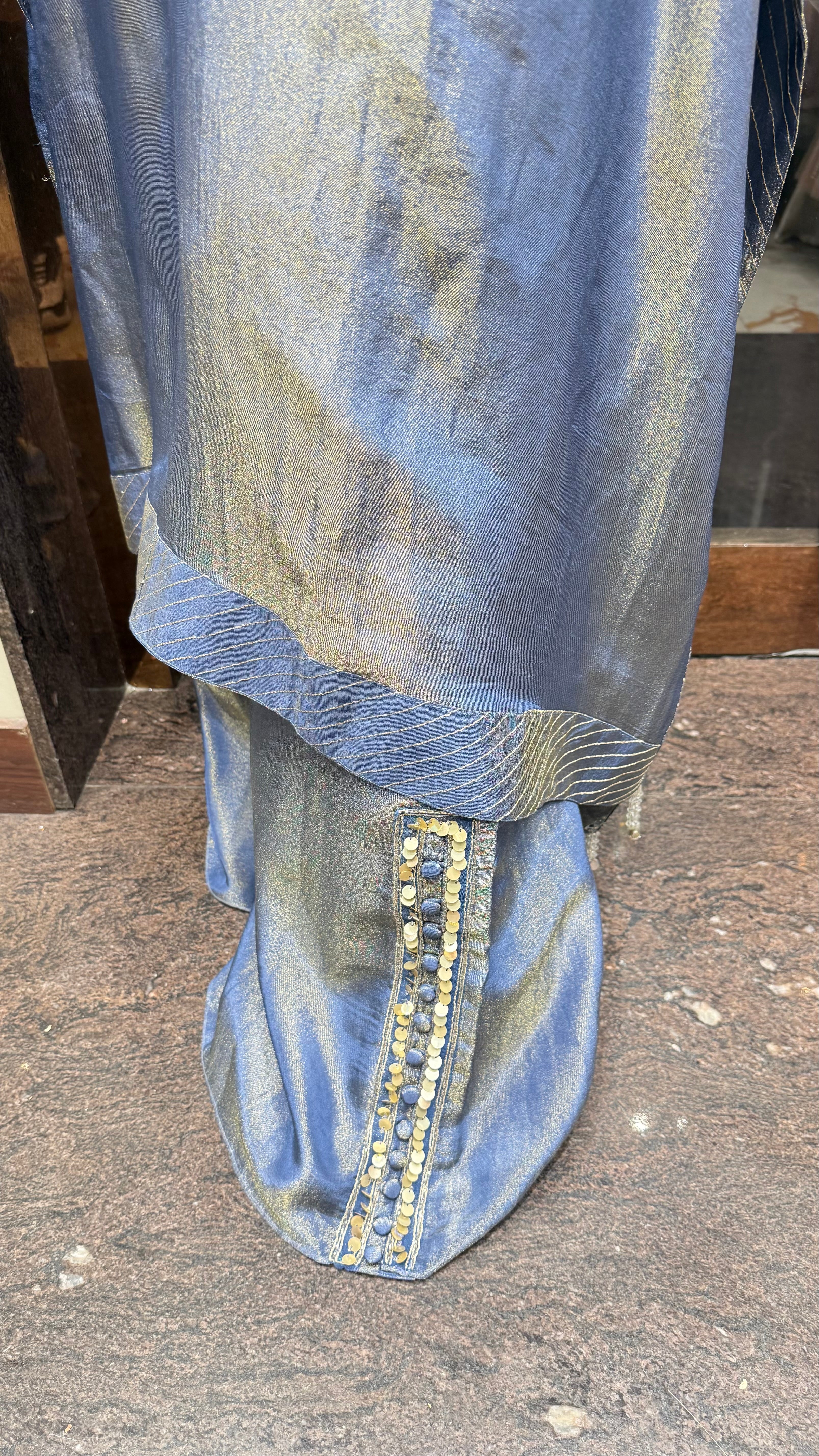 Shimmer Tissue kaftan set with designer neckline and flared pants