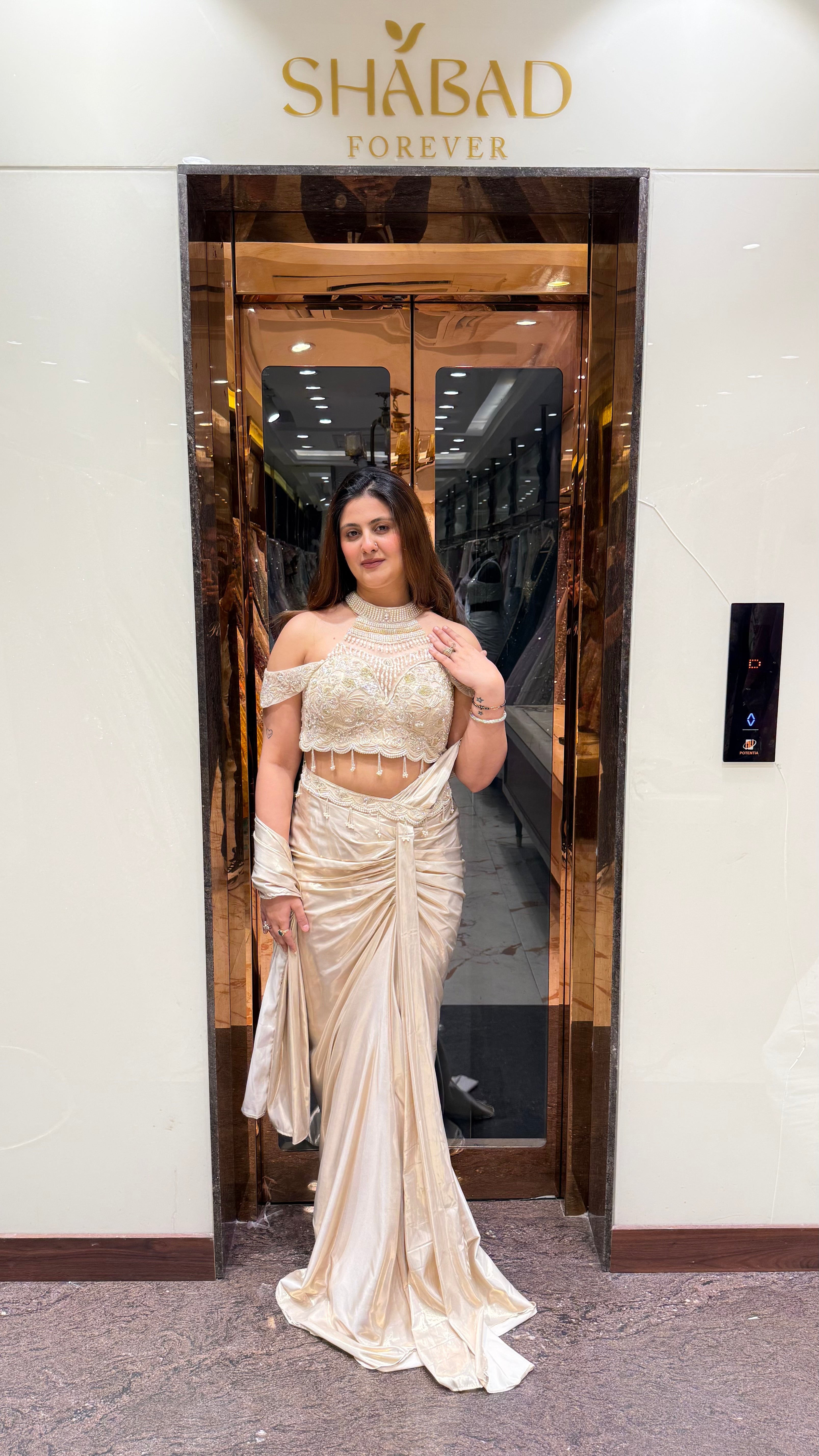 Ivory Cold Shoulder Metallic Drape Saree