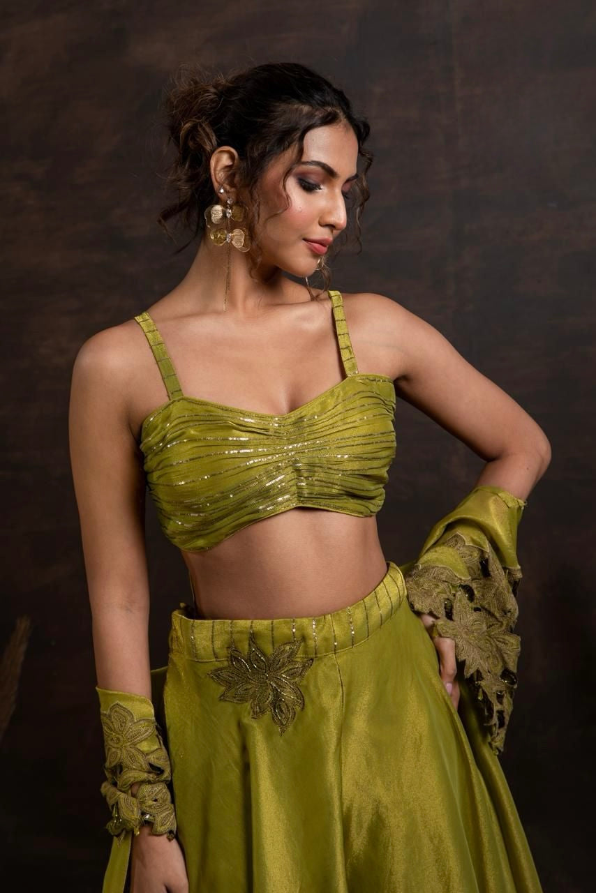 Green 3pc embroidered cape set with sharara
