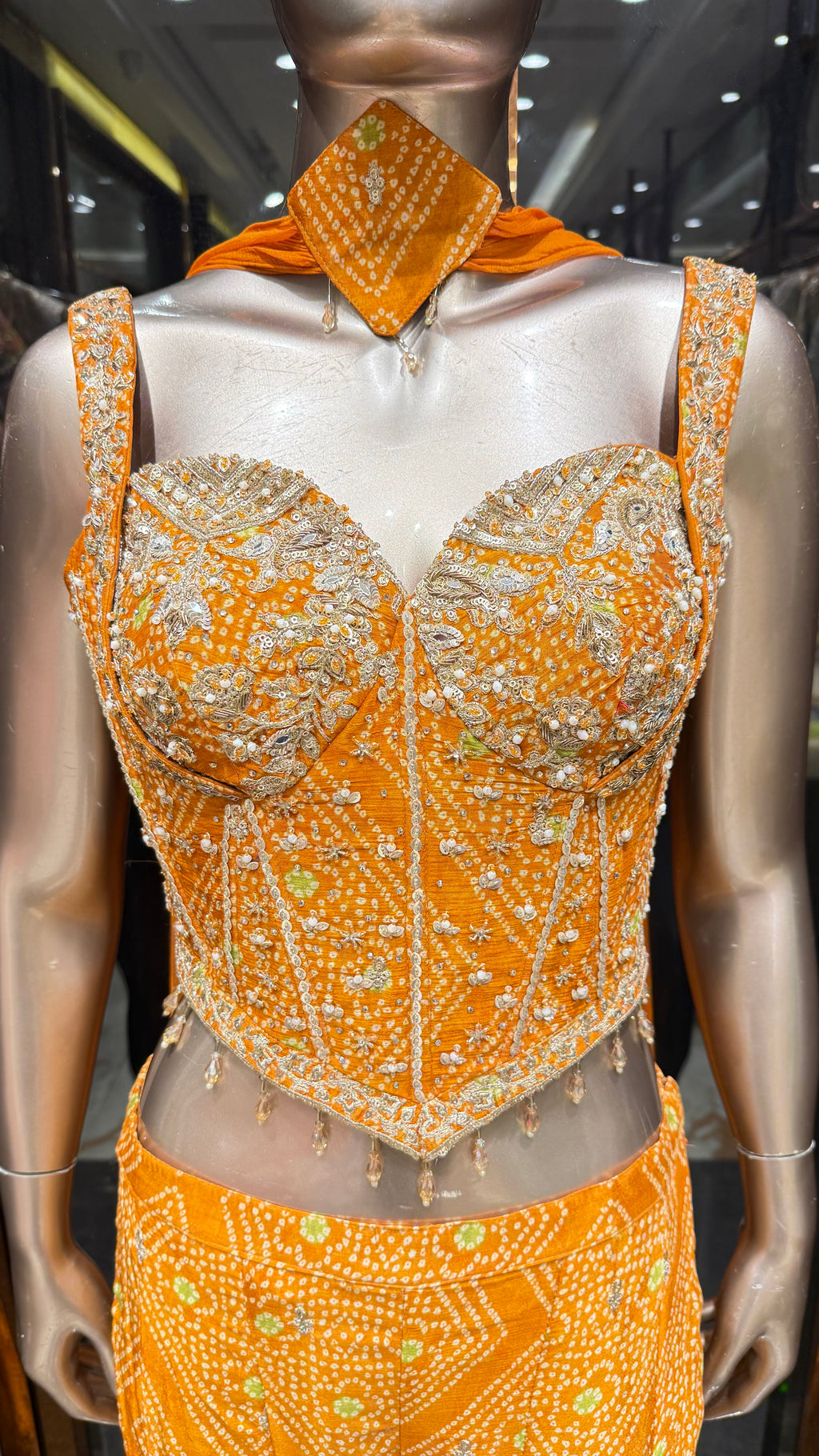 ZARI BANDHEJ CORSET WITH BELL BOTTOM
