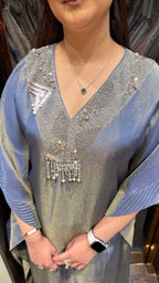 Shimmer Tissue kaftan set with designer neckline and flared pants
