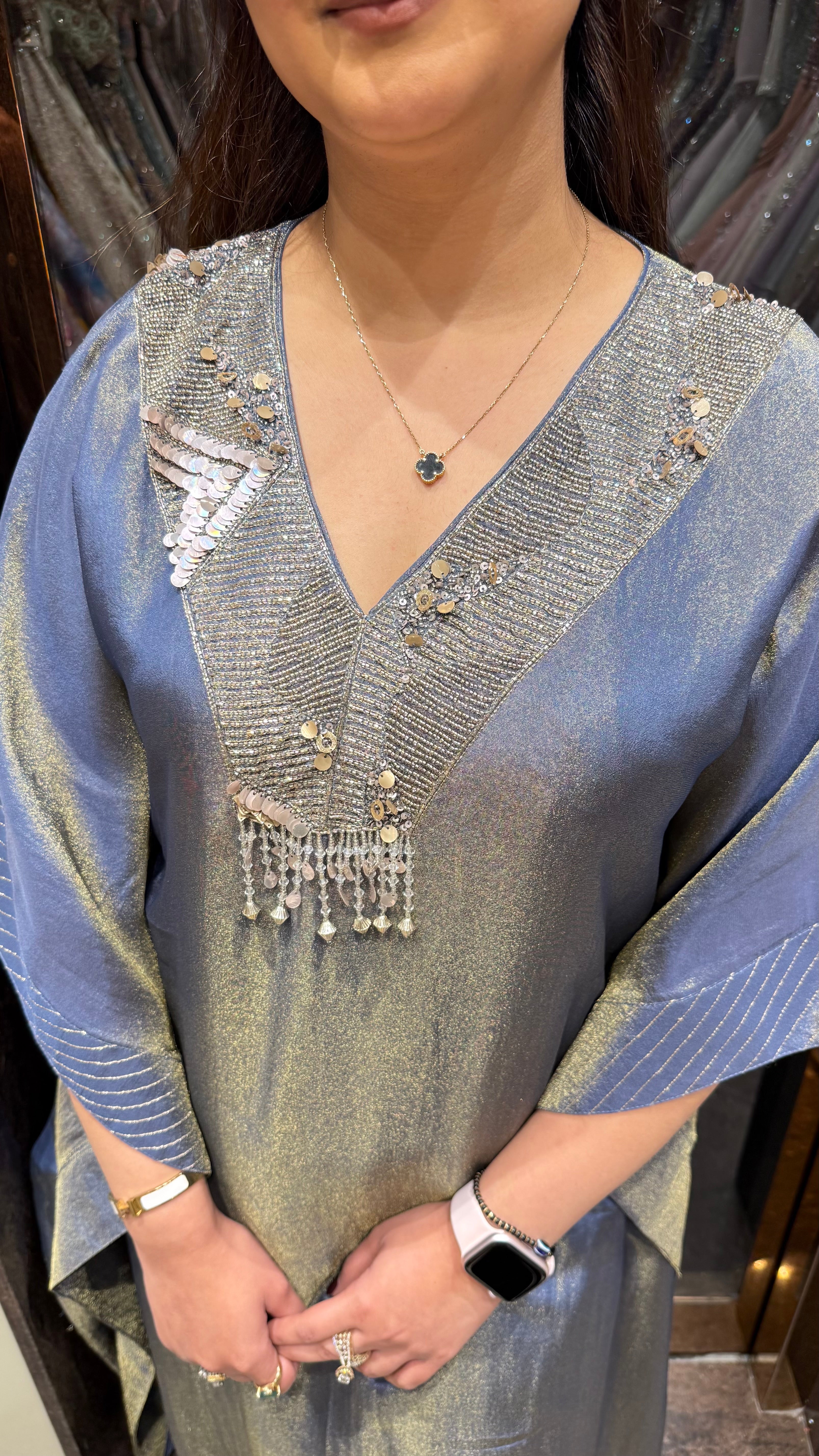 Shimmer Tissue kaftan set with designer neckline and flared pants