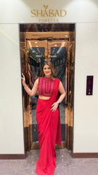 Red cut sleeve handwork blouse with georgette drape saree