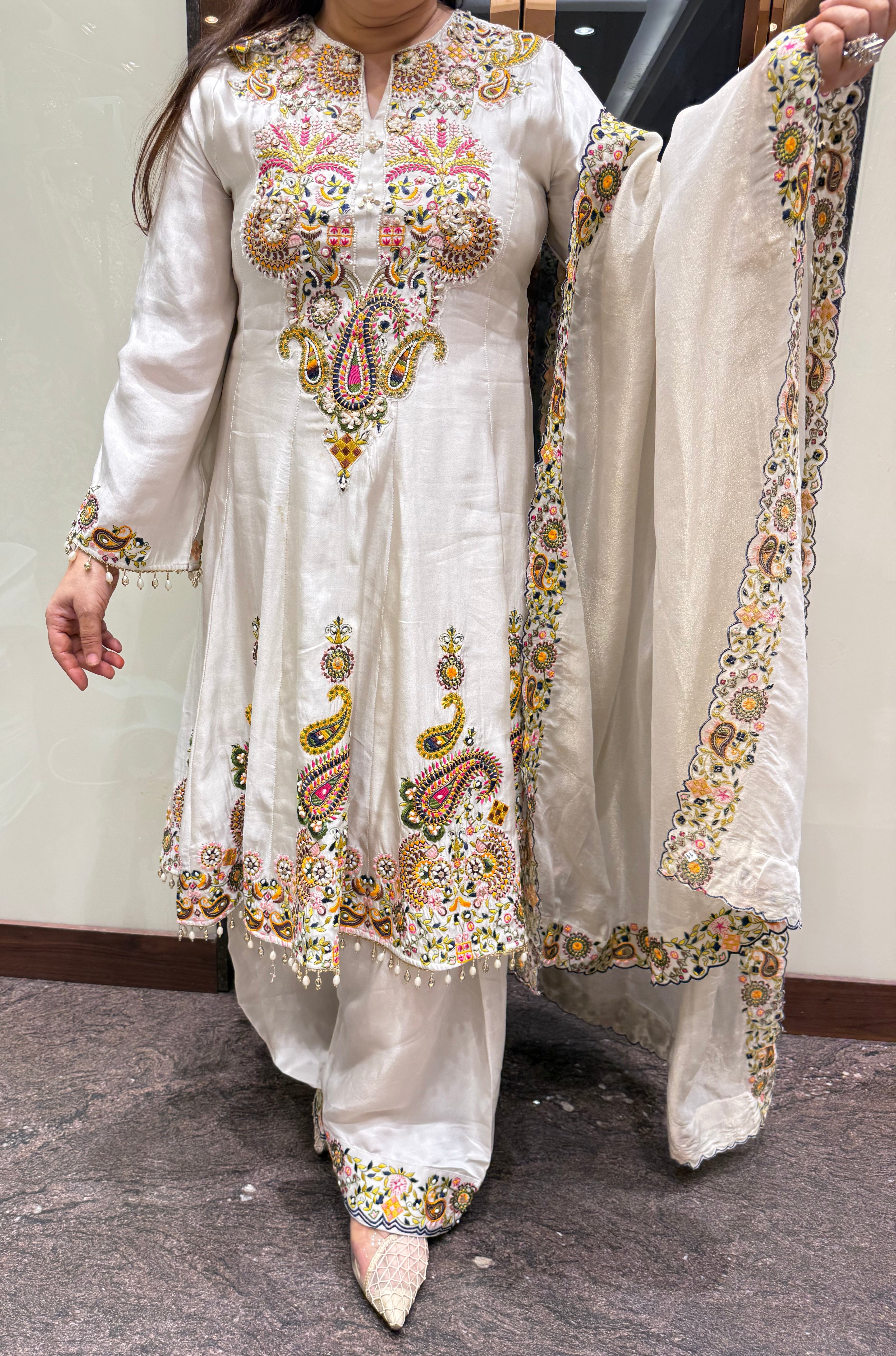 Kashmiri Multi-Thread Embroidered Peplum Suit With Pearl Detailing
