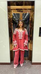 Mul cotton sleeve and neckline embroidered coordset