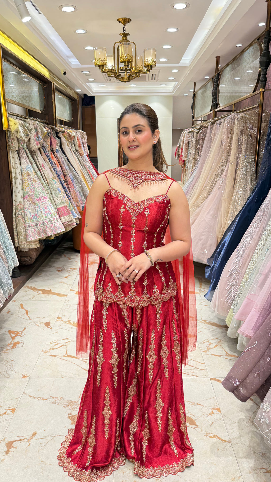 SHAAHIDA RED INDOWESTERN SHARARA SET