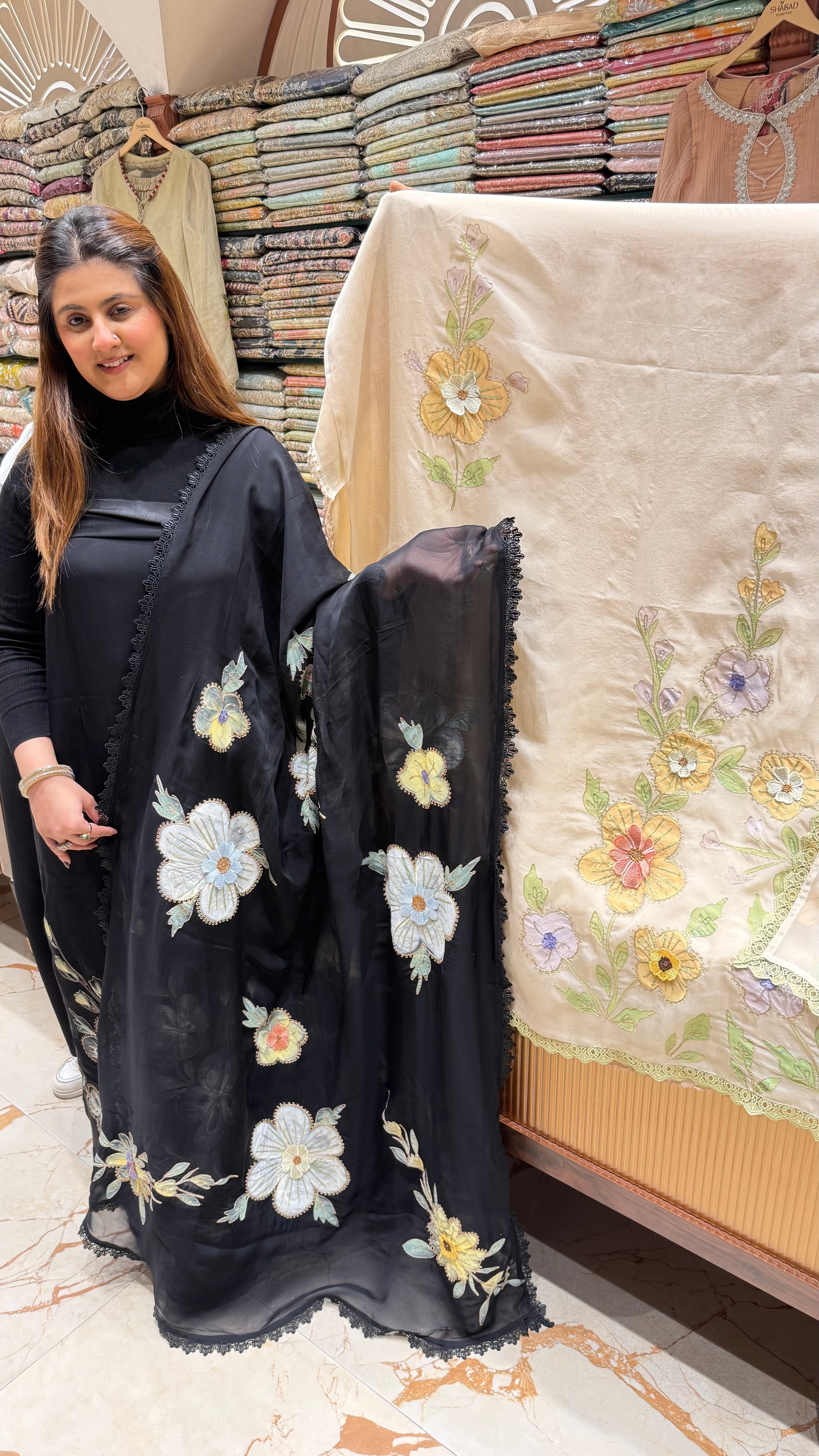 Handpaint unstitched organza suit with 3D detailed duppatta
