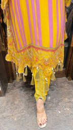 Yellow & Purple mirror work kaftan set with tulip pants