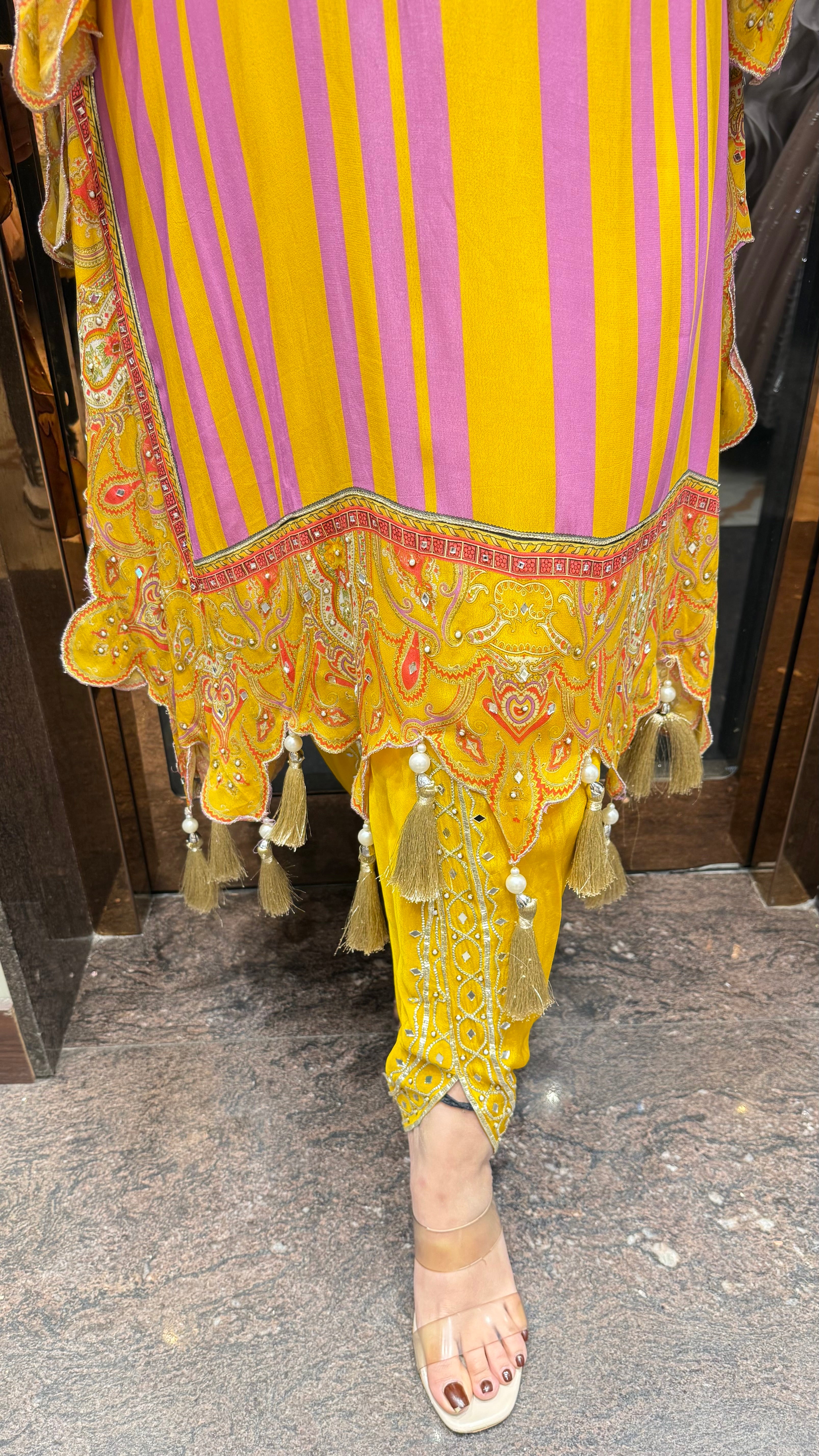 Yellow & Purple mirror work kaftan set with tulip pants