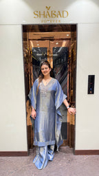 Shimmer Tissue kaftan set with designer neckline and flared pants