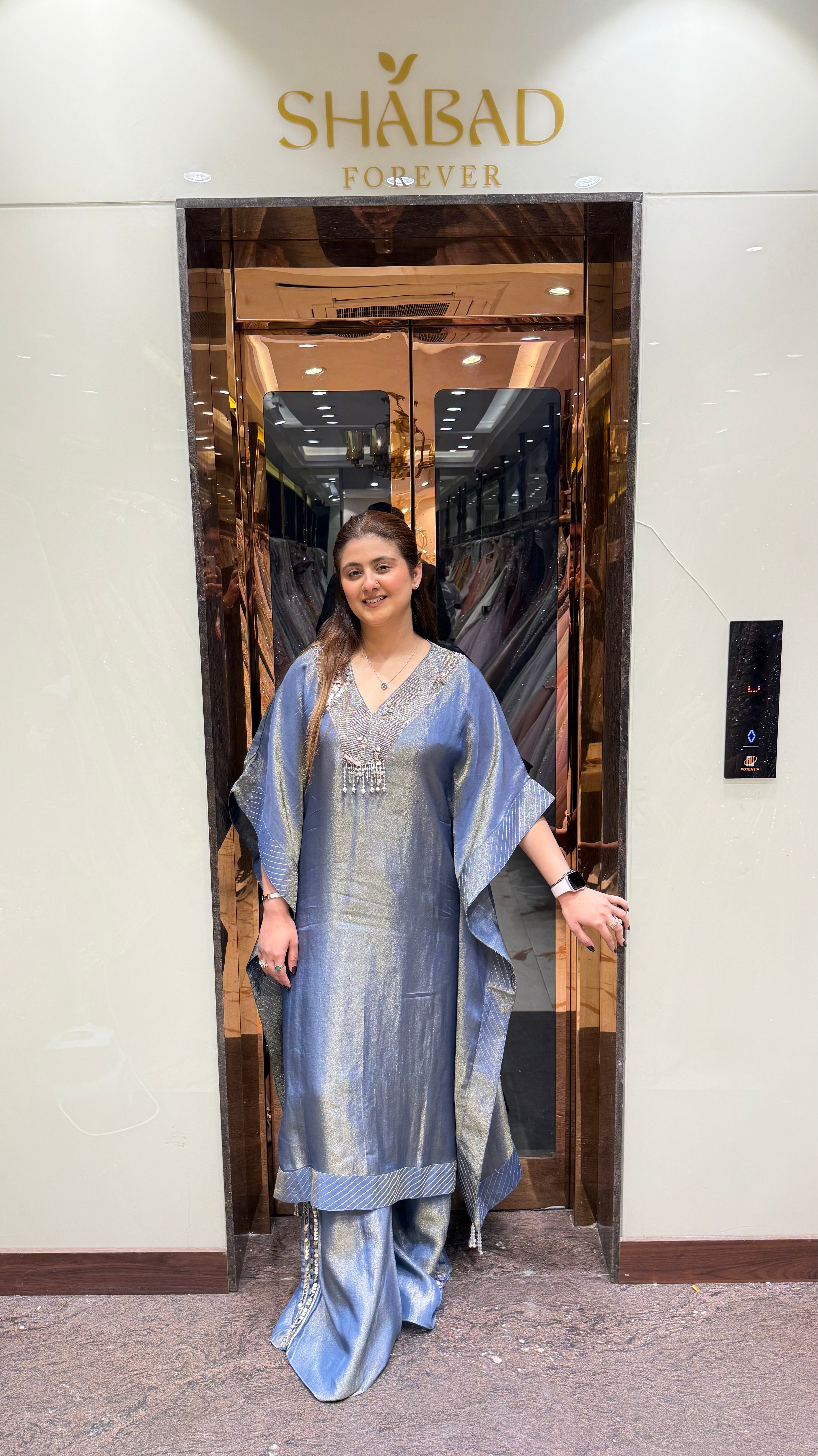 Shimmer Tissue kaftan set with designer neckline and flared pants