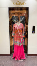 PRINTED PEPLUM KURTA WITH GHARARA & POTLI BAG