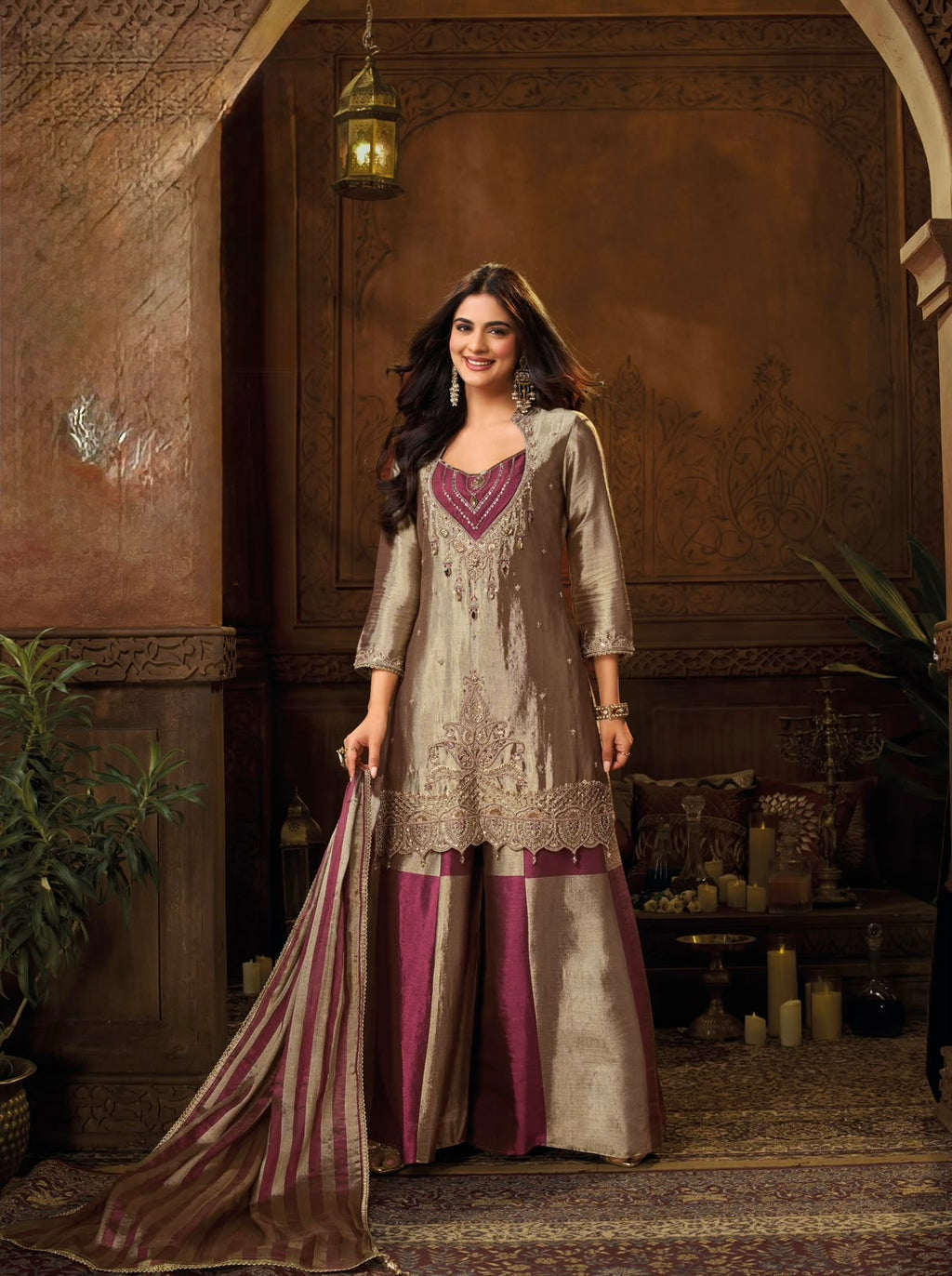 PLUM TISSUE SHARARA SUIT