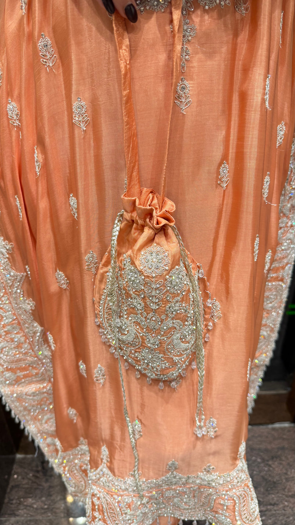 Coral peach kaftan set with dori work