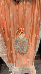 Coral peach kaftan set with dori work
