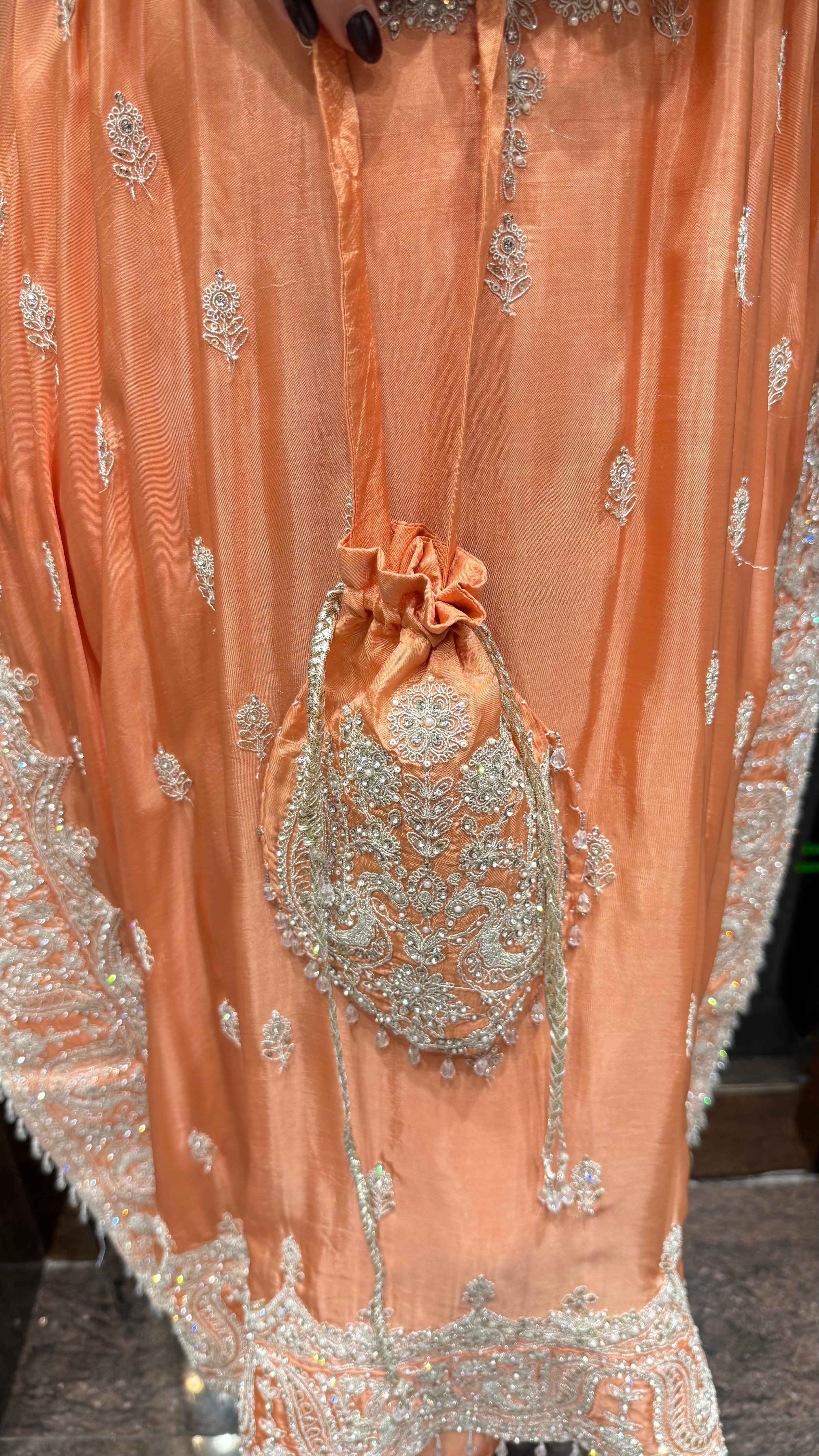 Coral peach kaftan set with dori work
