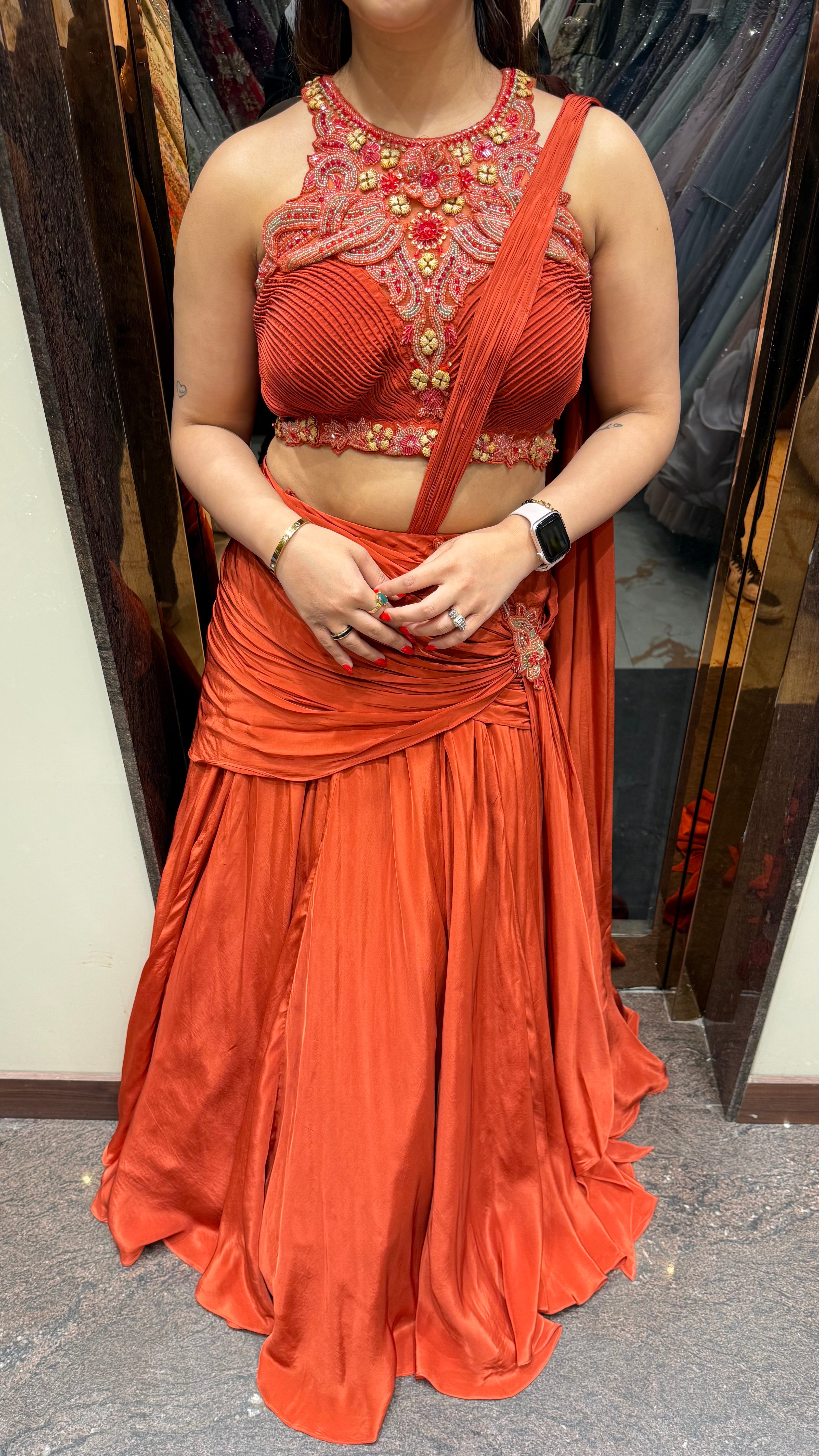 Chaarvi Rust Drape Saree