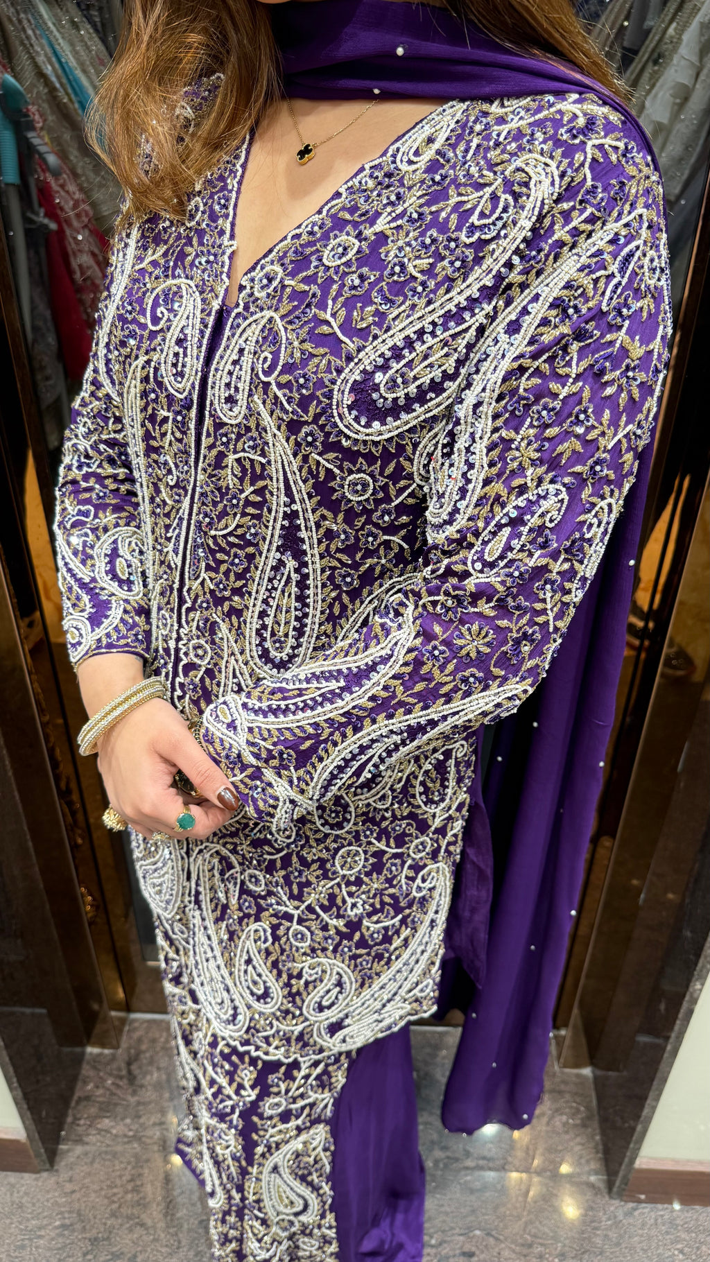 Handwork Chinon Suit With Pearlwork & Katdana Detailing