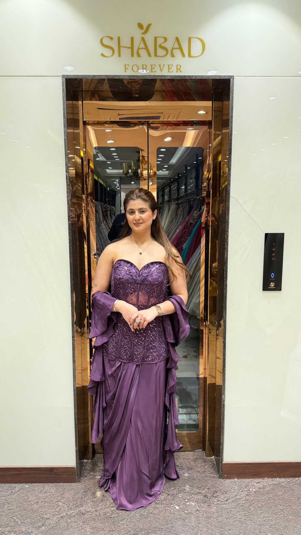 Purple Indowestern Long Corset Dress with Ruffle Duppatta