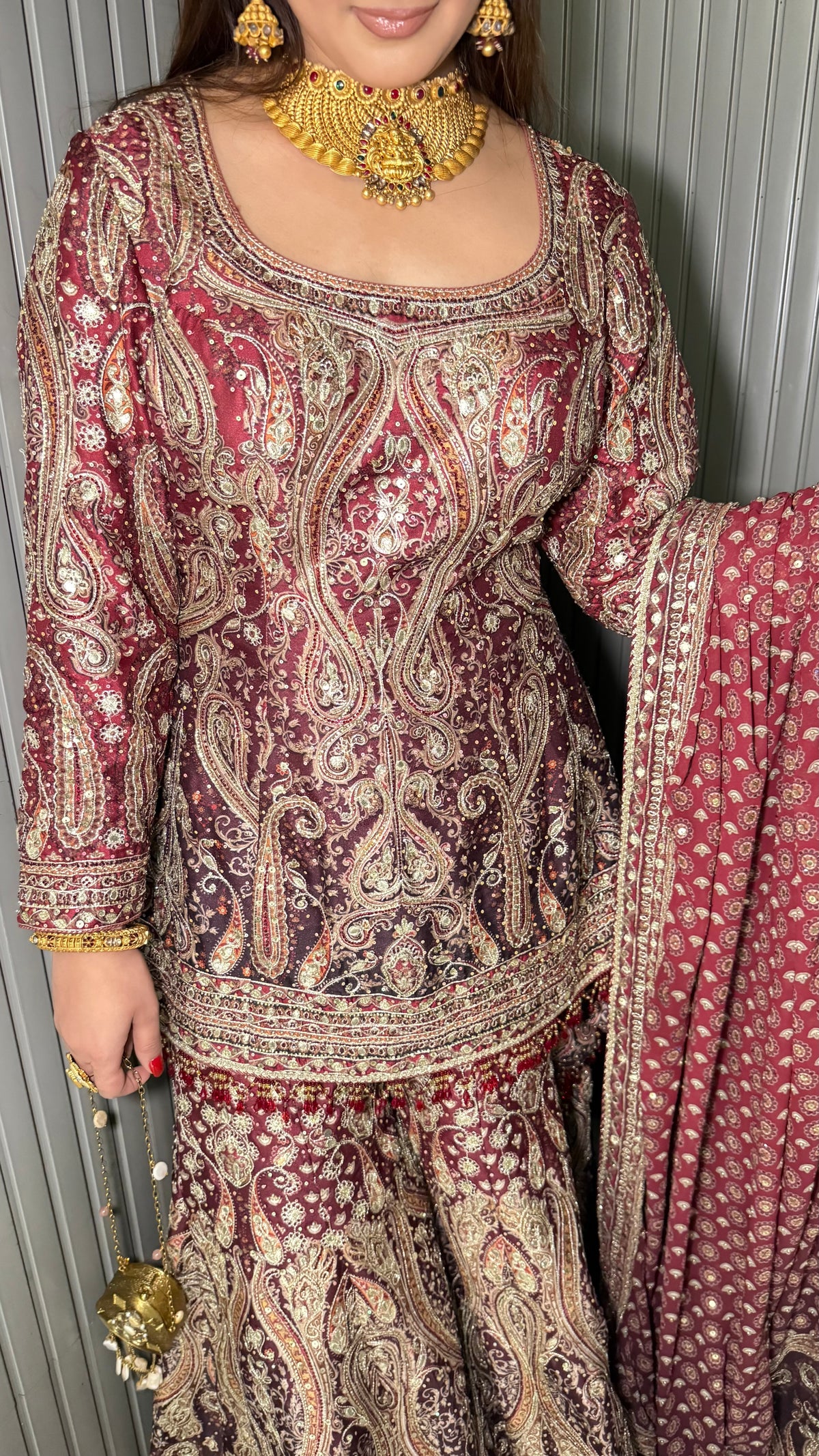 JODHA- WINE HERITAGE PAISLEY SHARARA SUIT