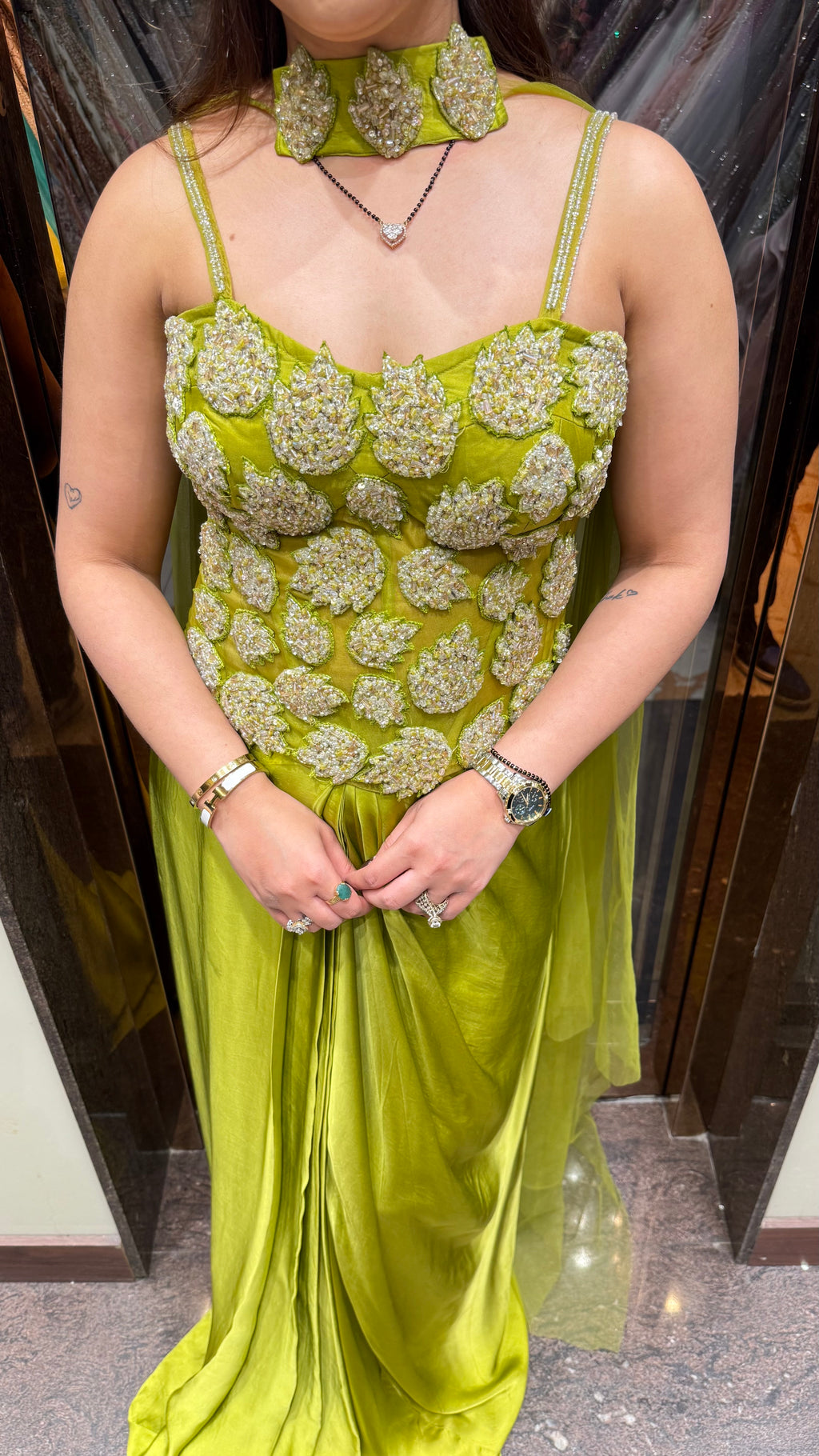 Tia Green Embellished Corset with Drape Skirt