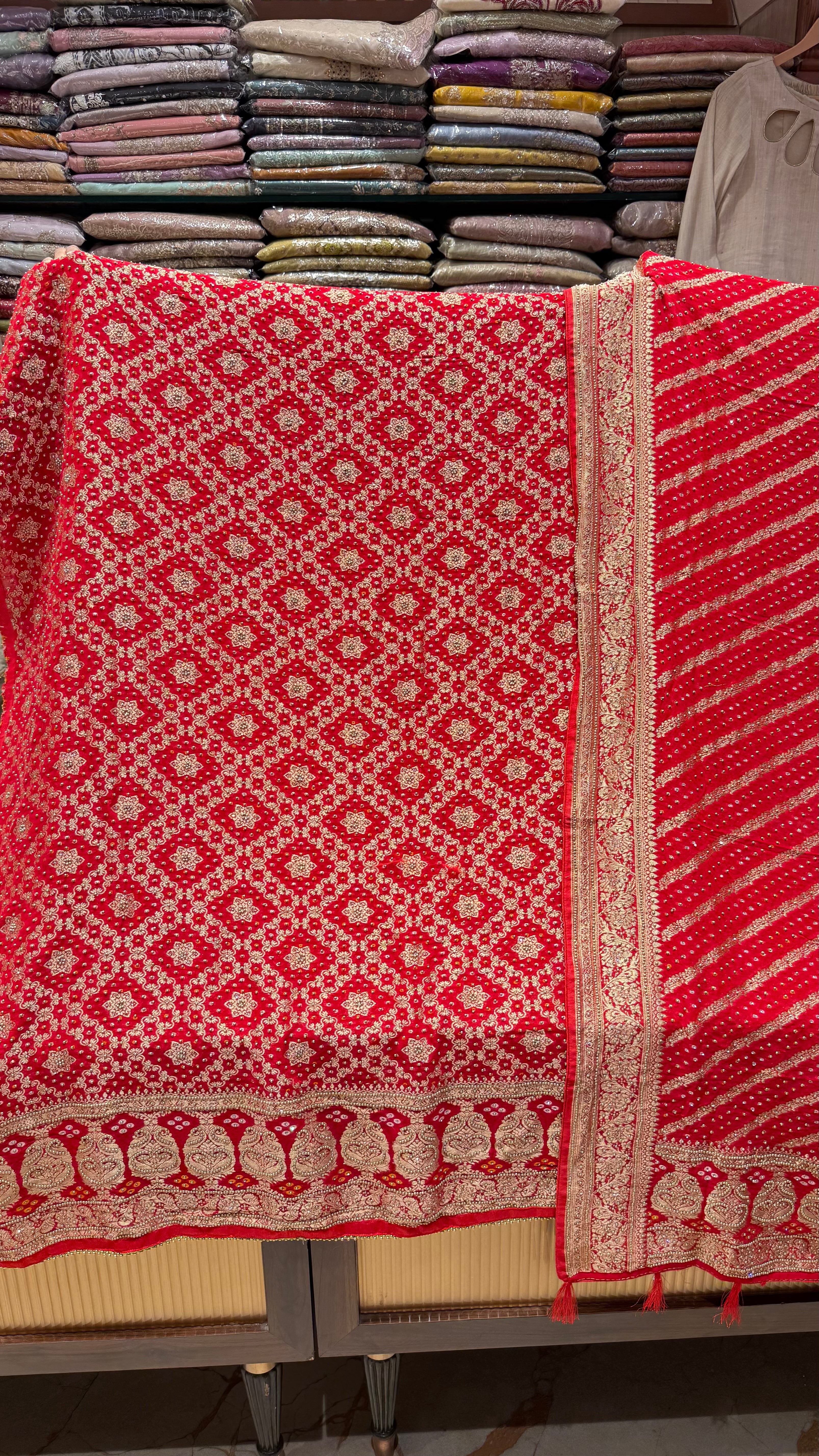 PURE BANARSI BANDHEJ KHADDI GEORGETTE UNSTITCHED SUIT