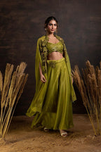 Green 3pc embroidered cape set with sharara