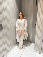 Silver Shimmer Short Shirt Suit Set with Handwork Patch