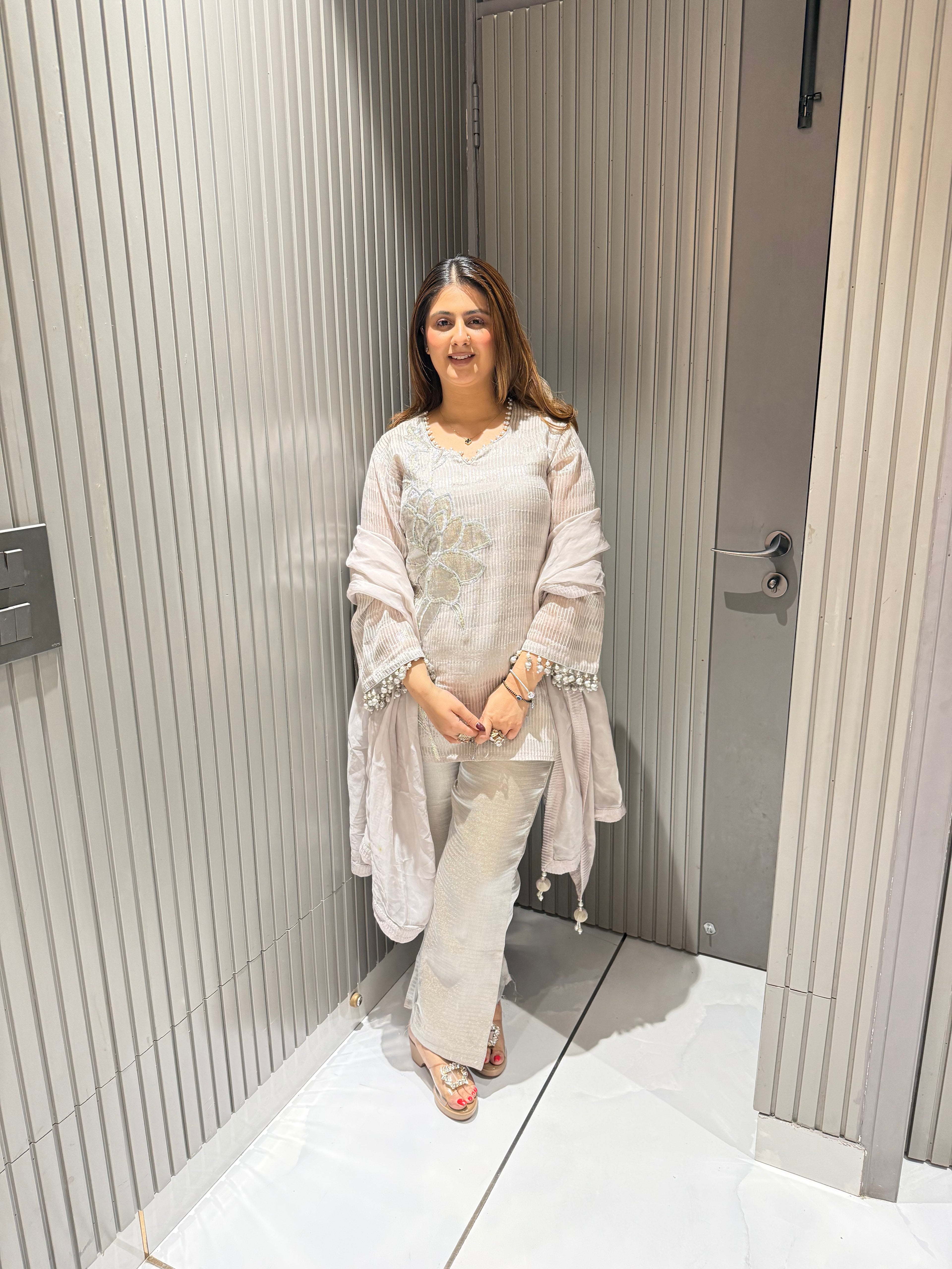 Silver Shimmer Short Shirt Suit Set with Handwork Patch