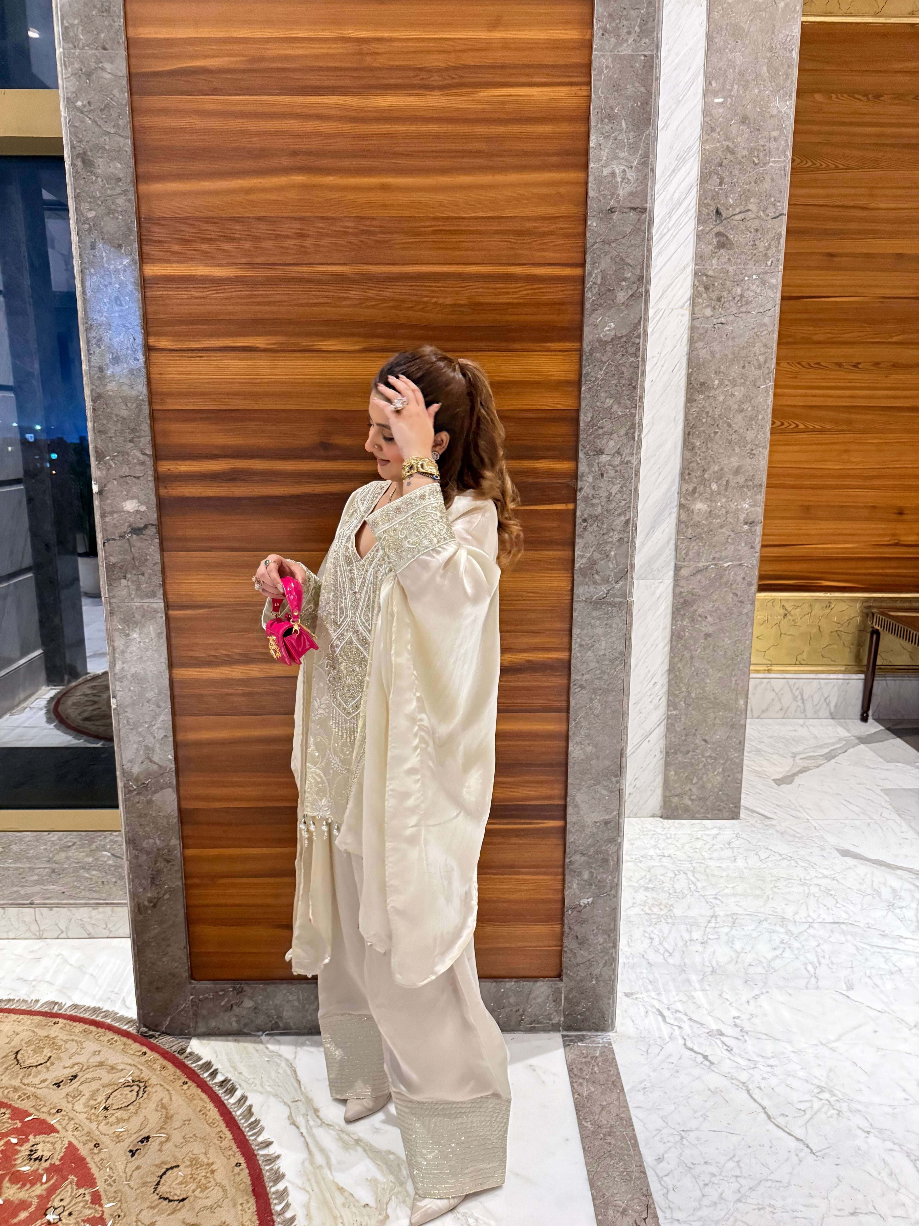 Ivory handwork short kaftan with farshi salwar