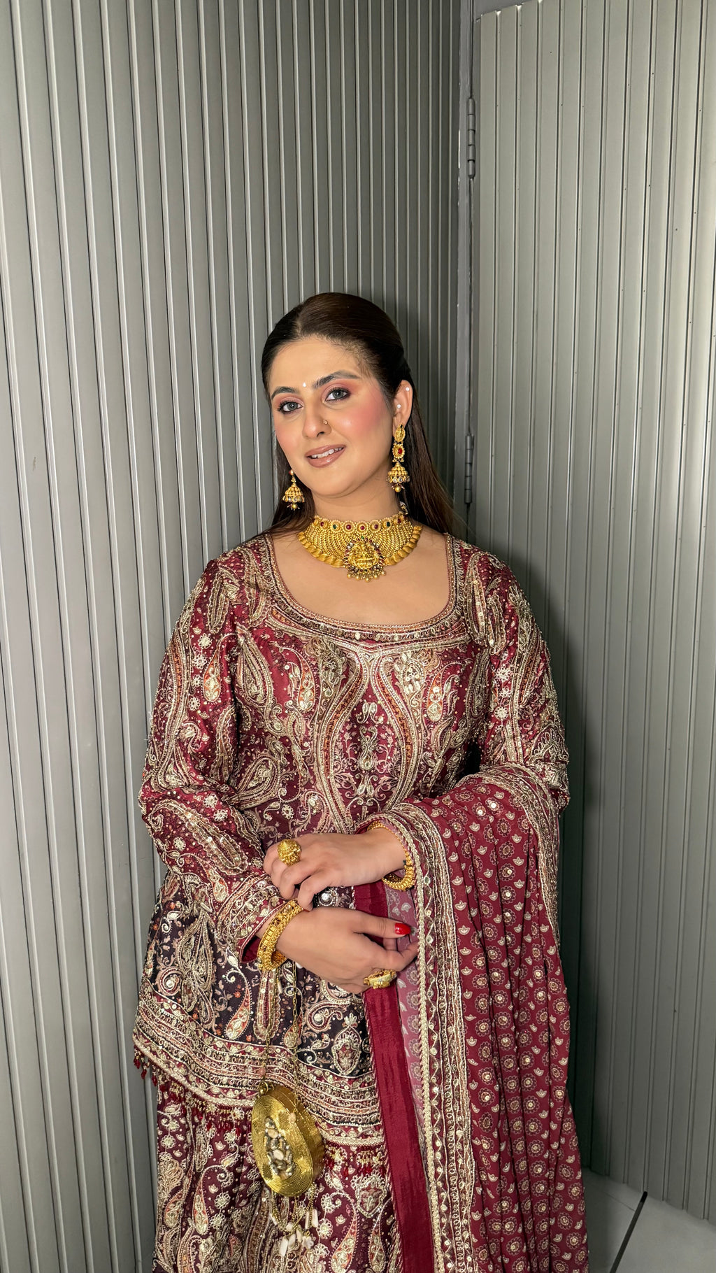 JODHA- WINE HERITAGE PAISLEY SHARARA SUIT