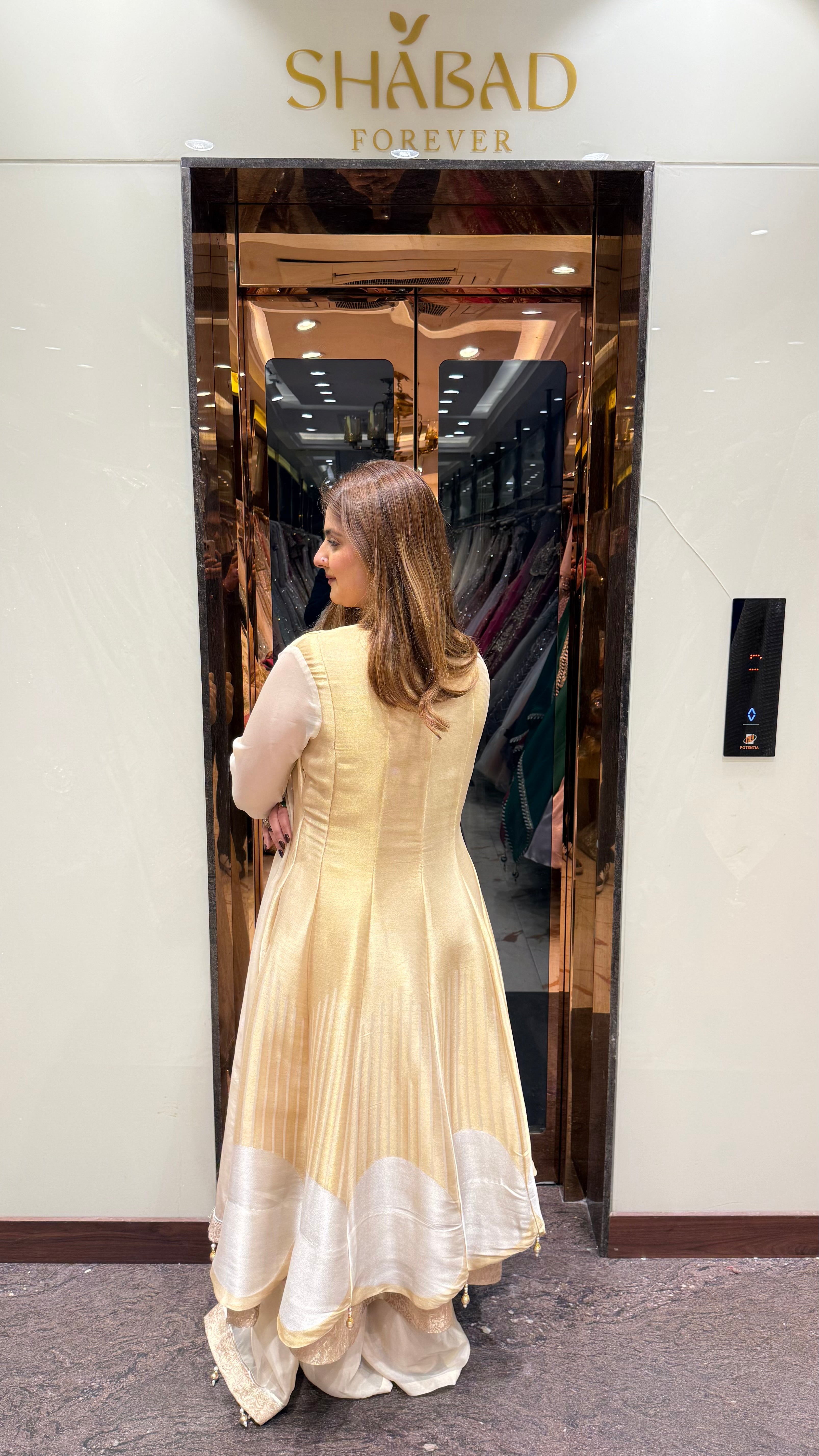 Gold ivory pearl brocade anarkali