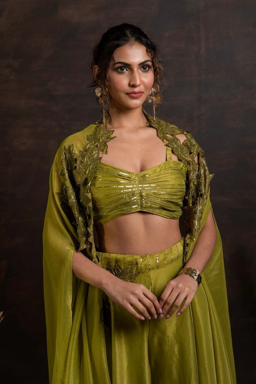 Green 3pc embroidered cape set with sharara