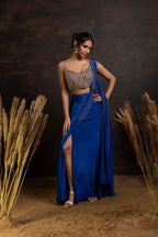Blue side slit drape saree