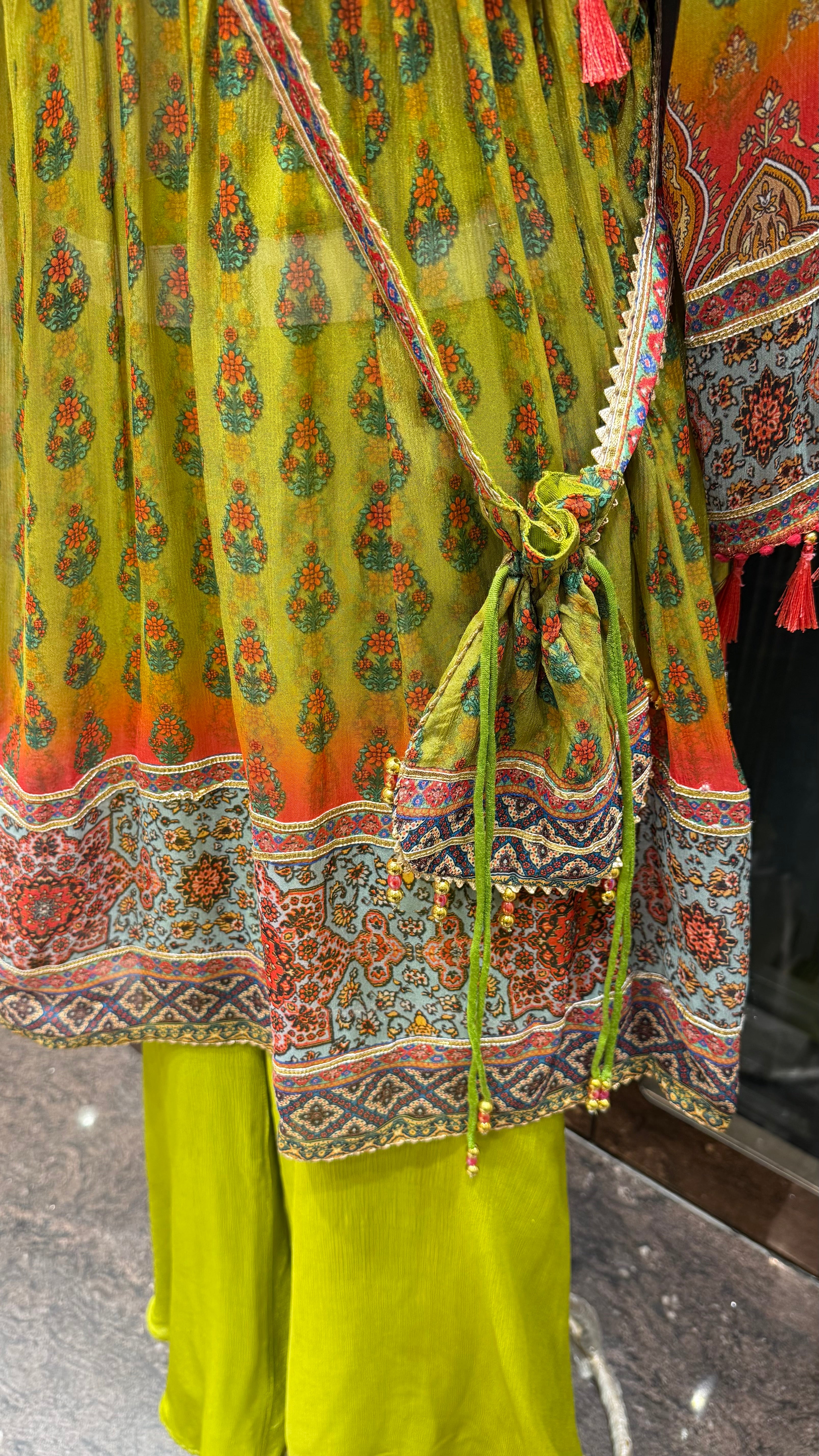 PRINTED PEPLUM KURTA WITH GHARARA & POTLI BAG
